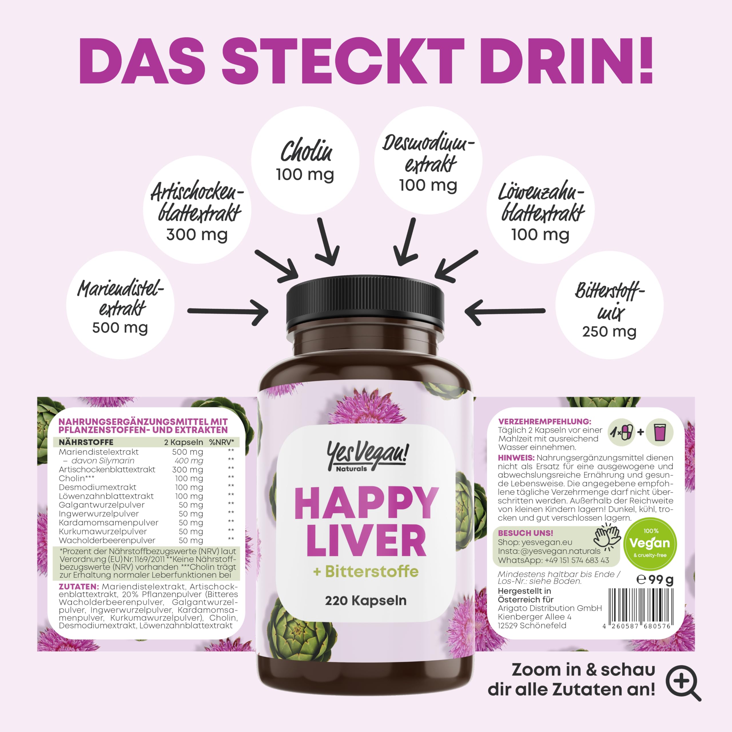 Mariendistel Artischocke Löwenzahn Cholin Komplex mit Bitterstoffen (220 Kapseln) Mariendistel Hochdosiert 80% Silymarin - mit Cholin für normale Leberfunktion