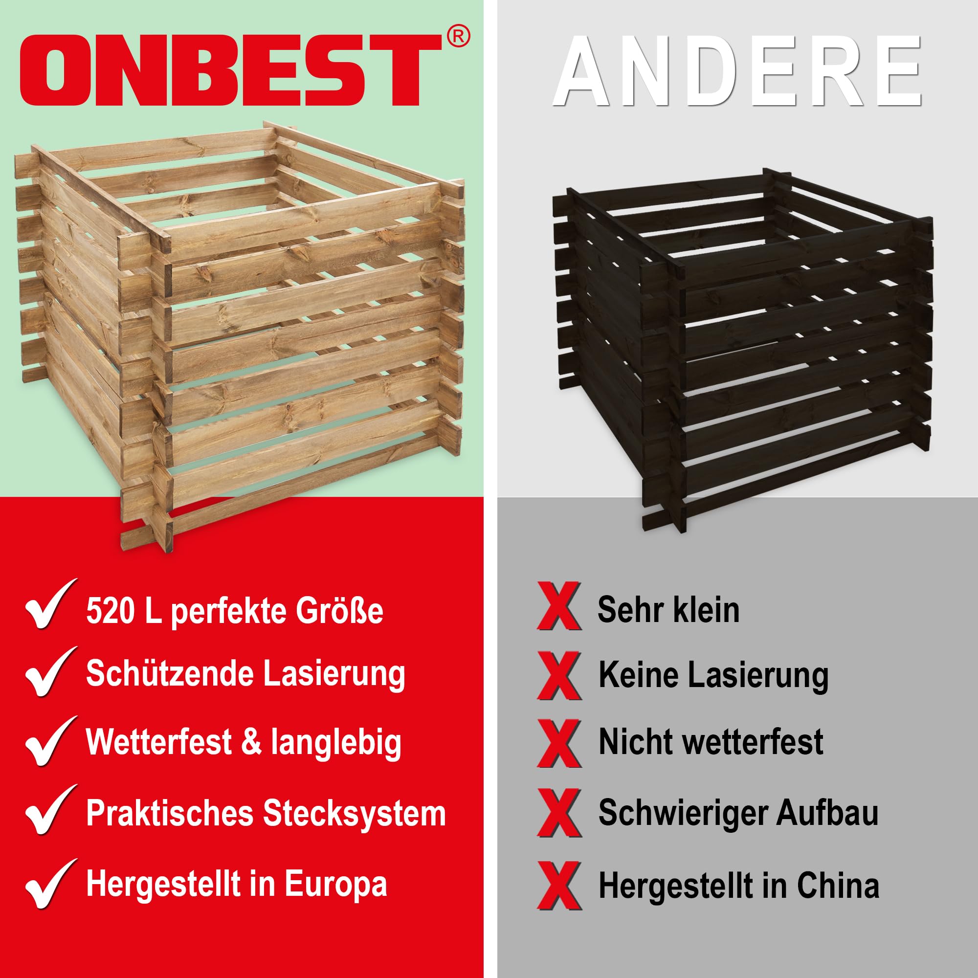 Onbest Wetterfester Komposter aus lasiertem Holz – Holzkomposter mit Stecksystem – Langlebiger & hochwertiger Kompostierer – Großer Schnellkomposter für Gartenabfälle & Biomüll – 520 Liter