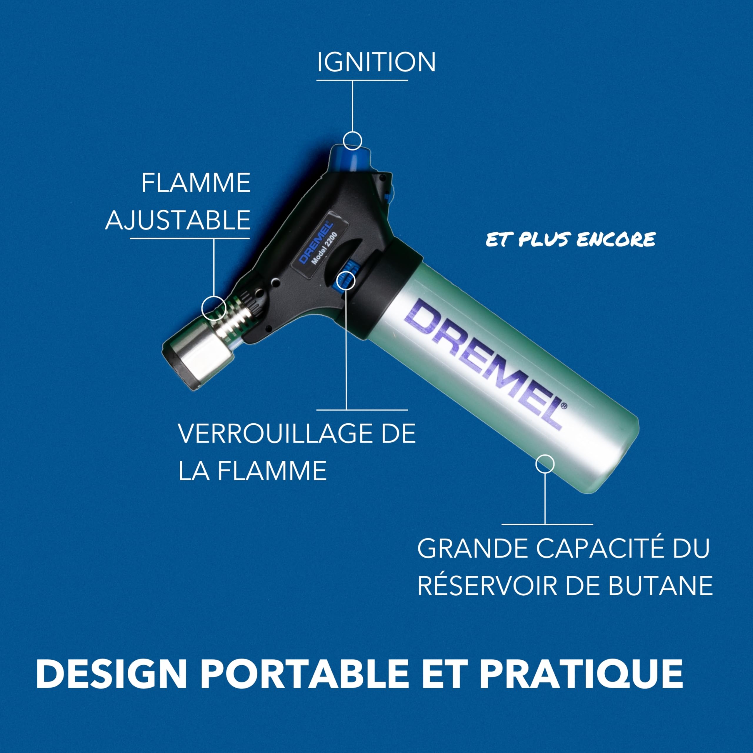Dremel 2200 VersaFlame Brûleur à gaz butane multifonction - Lampe à souder au gaz butane et kit de soudure (avec 5 accessoires pour souder, rétrécir, souder, flamber)