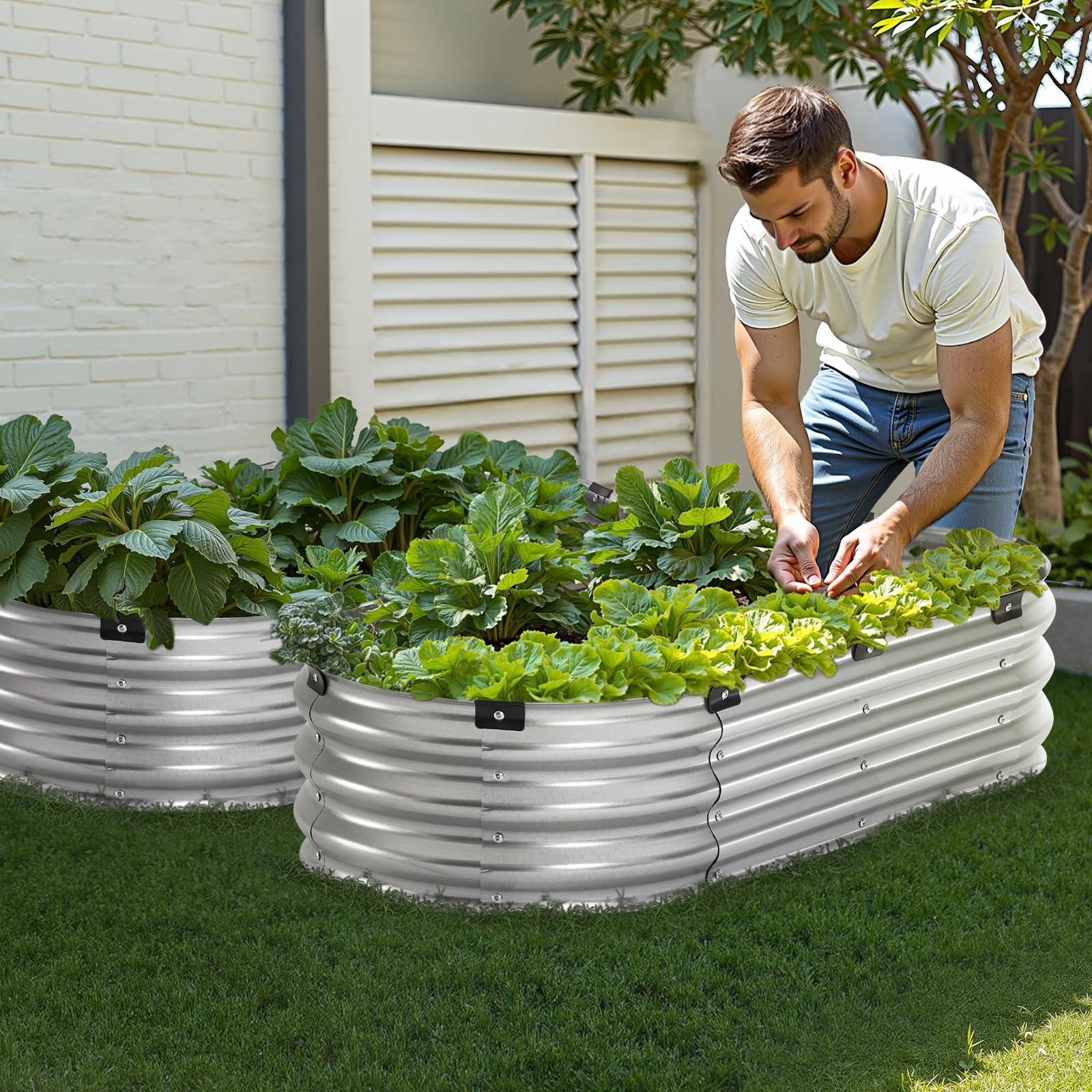 VEVOR Cama de Jardín Elevada de Metal 1195 x 585 x 270 mm con Fondo Abierto para Exteriores, Jardinera Ovalada Galvanizada para Jardinería de Verduras, Flores, Hierbas y Plantas Suculentas, Plateado
