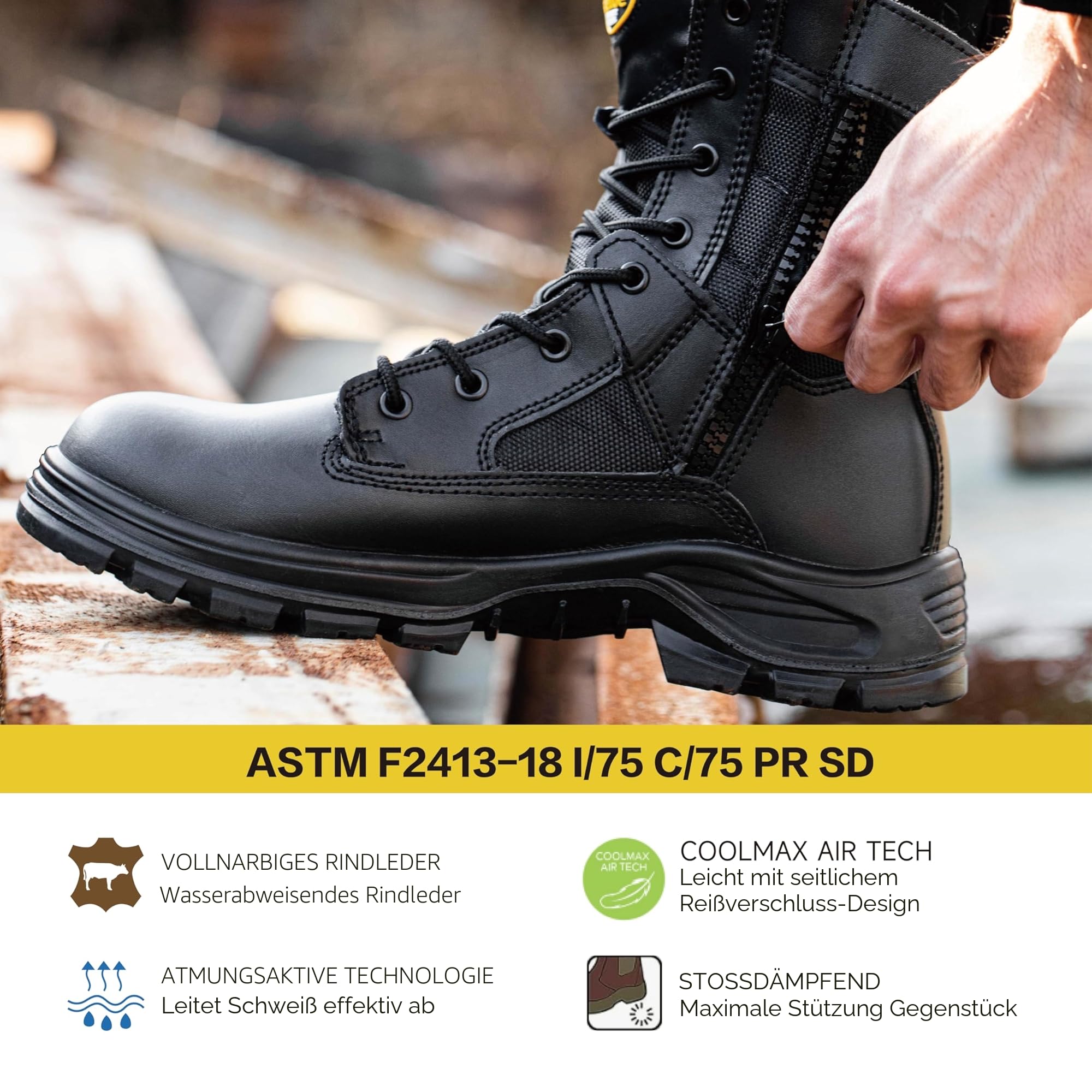 SAFEYEAR Militär & Arbeitsstiefel für Herren & Damen, wasserdichtes Echtleder, Stahlkappe & Stahlsohle, rutschfeste SRC-Sohle, breite Passform 4E, seitlicher Reißverschluss, S3 ESD