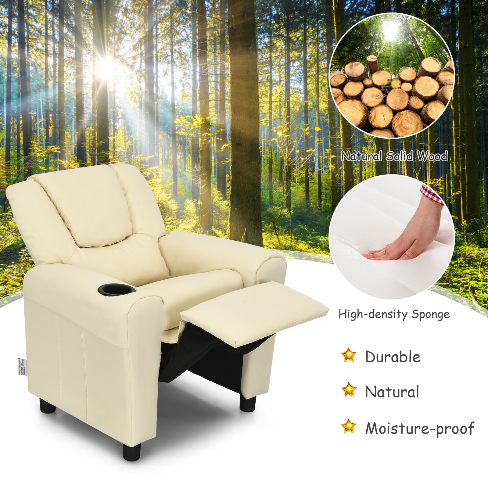 FIREFLOWERY Kids Chair Leather Recliner Sofa w/Cup Holder, Anti-Slip Feet, Adjustable Backrest & Footrest for Kids/Children/Toddlers, 3-12 Age Group, Up to 155lbs, Beige