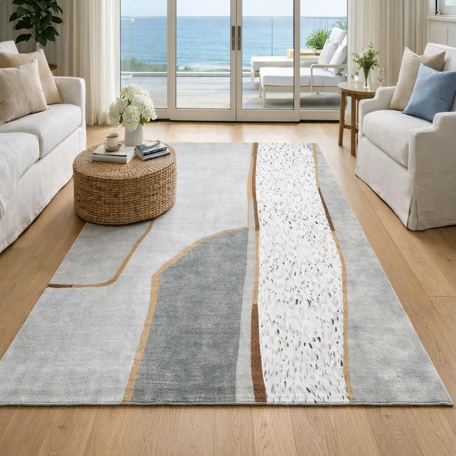 Tapis abstrait moderne blanc gris brun carré 180x180 cm pour grand salon