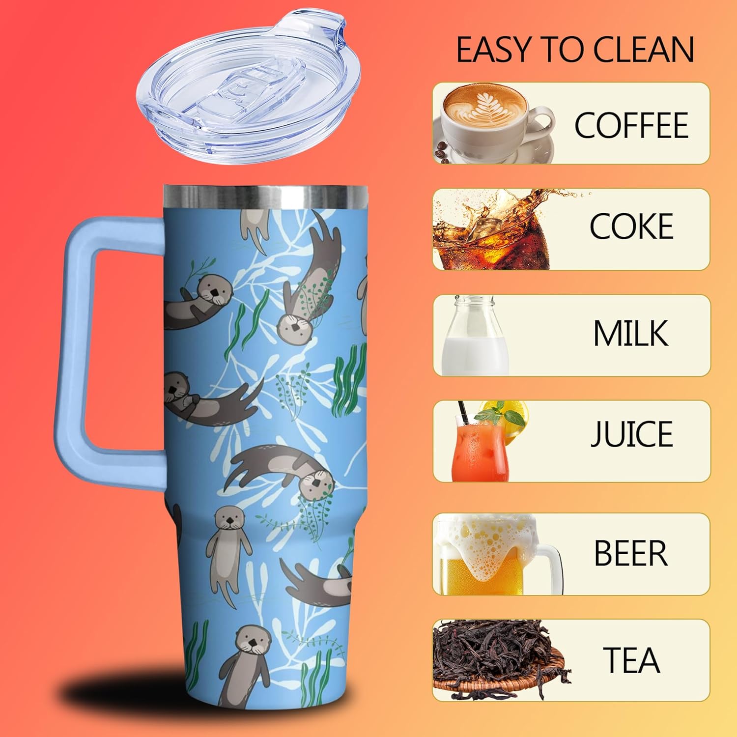 30 oz Sea Otter Tumbler with Handle and Straw, Insulated Stainless Steel Cup with Lid, Travel Coffee Mug Water Bottle, Gifts for Woman Animal Lovers - Image 3