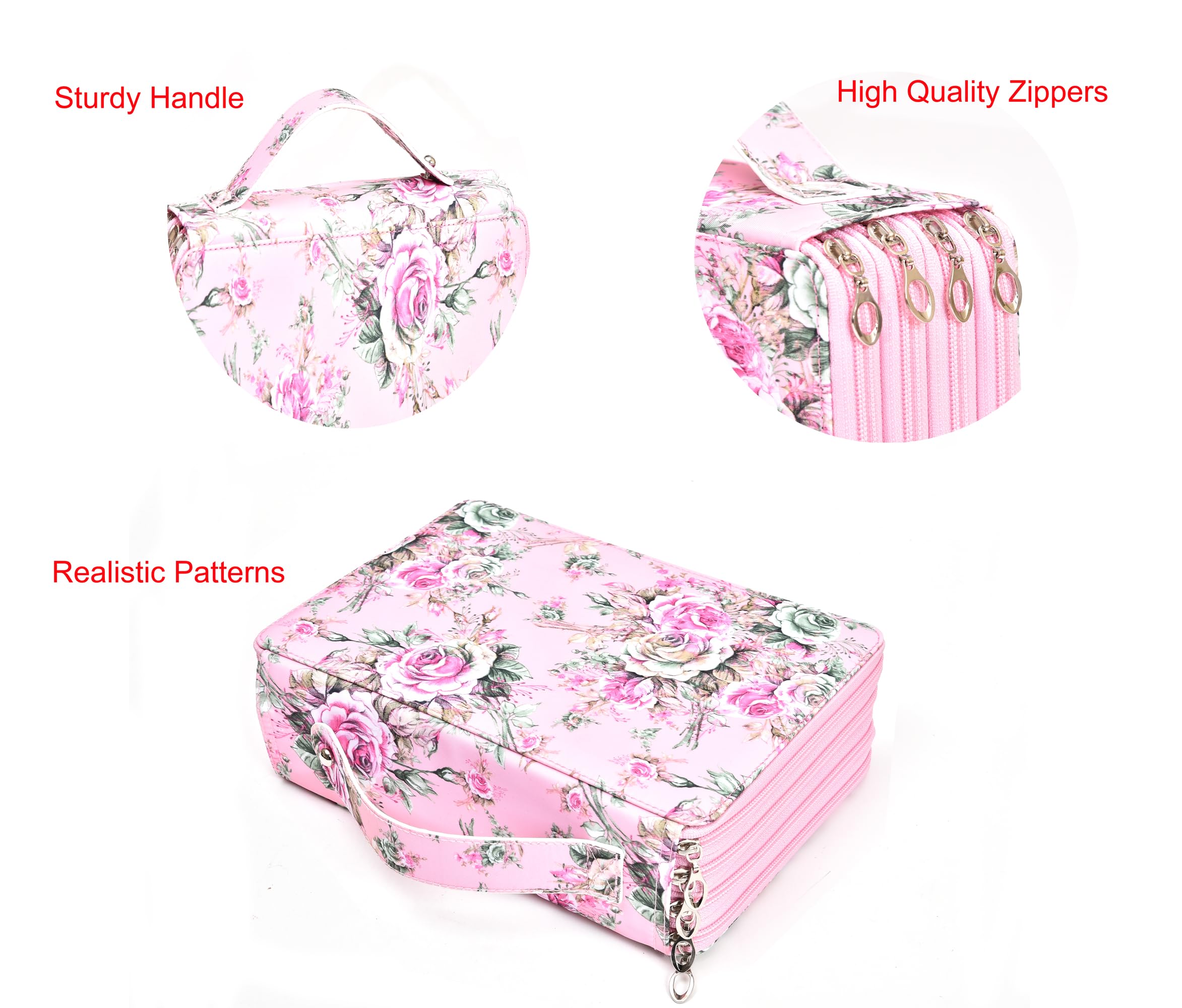 Becho Multifunction Zipper Soft Leather Pencil Case with Multi-Layer Zipper Separation High Capacity Holder Pouch Pen Bag Colored Flower Pencil Pen Box 200 Slots (Pink) - Image 4