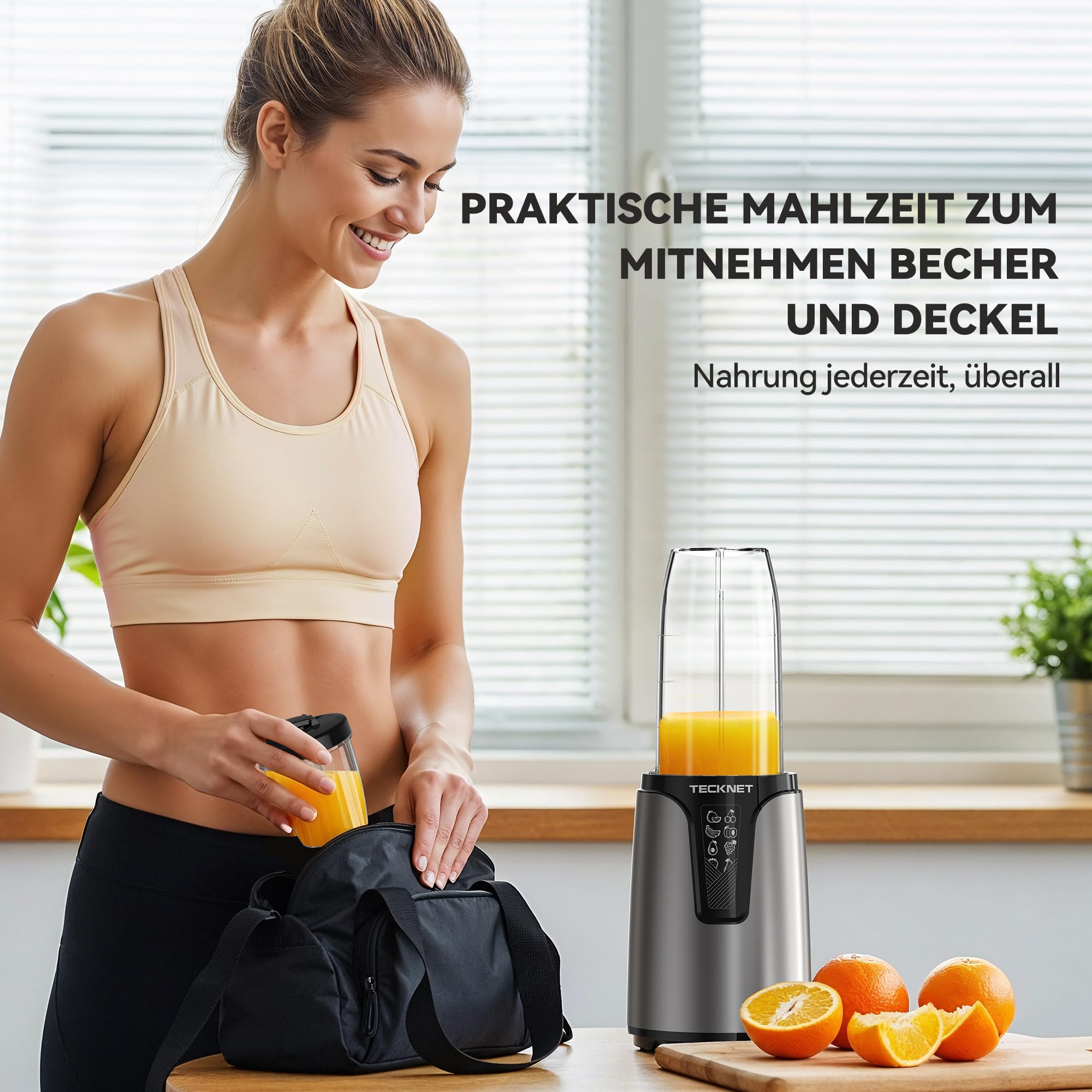 TECKNET 1000W Smoothie Maker, Smoothie Mixer mit 2 BPA-freie Becher (500ml&150ml), Standmixer Klein mit Kreuzklingen aus Edelstahl 304, Smoothie Maker to go für Milchshakes & Smoothie & Babynahrung