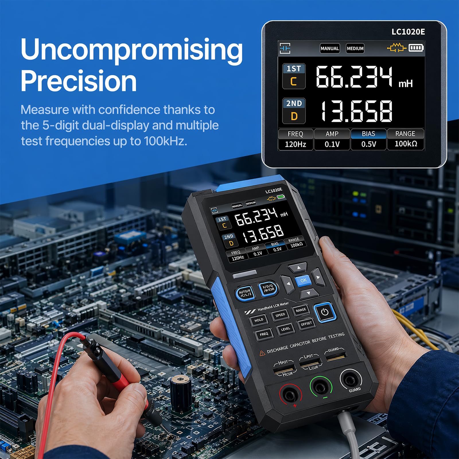 LCR Messgerät, LCR-Meter Digitalbrücke Einstellbare Frequenz 100 Hz -100 kHz Tragbarer Digitaler ESR Tester mit LCD-Display unterstützt Kapazitäts-, Widerstands- und Induktivitätsmessungen LC1020E