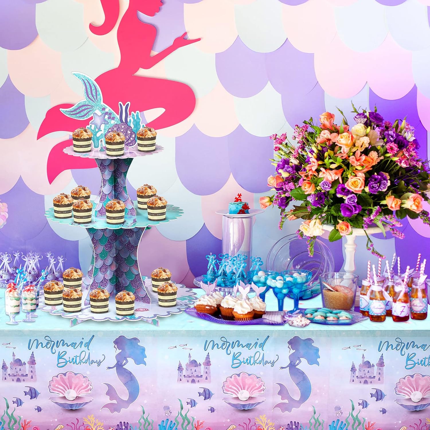 Patelai 3 Tier Mermaid Cupcake Stand Tail Toppers Under the Sea Party