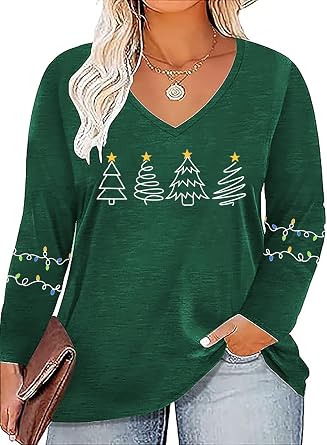 Women Plus Size Christmas Shirt Merry Bright Xmas Long Sleeve Tees Christmas Tree Print Casual V Neck Holiday Tee Tops