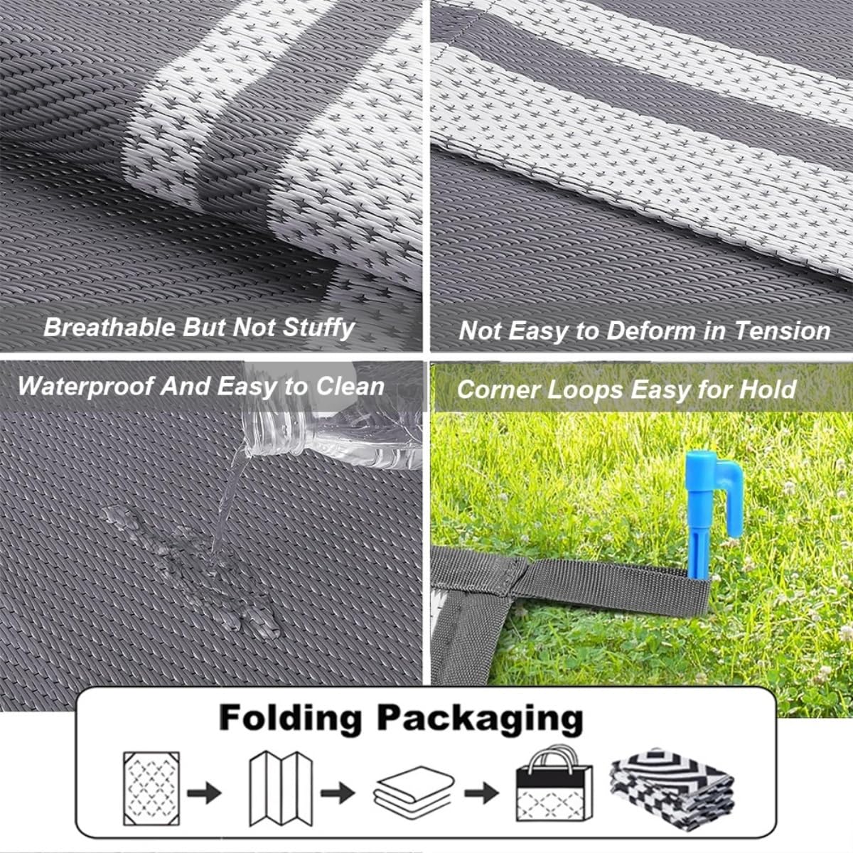 Hiseng Tapis d'extérieur Imperméable Terrasse Balcon, Motif Papillon Tapis de Sol Réversible en Plastique Résistant aux Intempéries aux UV pour Jardin, Camping, Pique-Nique (Noir Blanc,183x274cm)