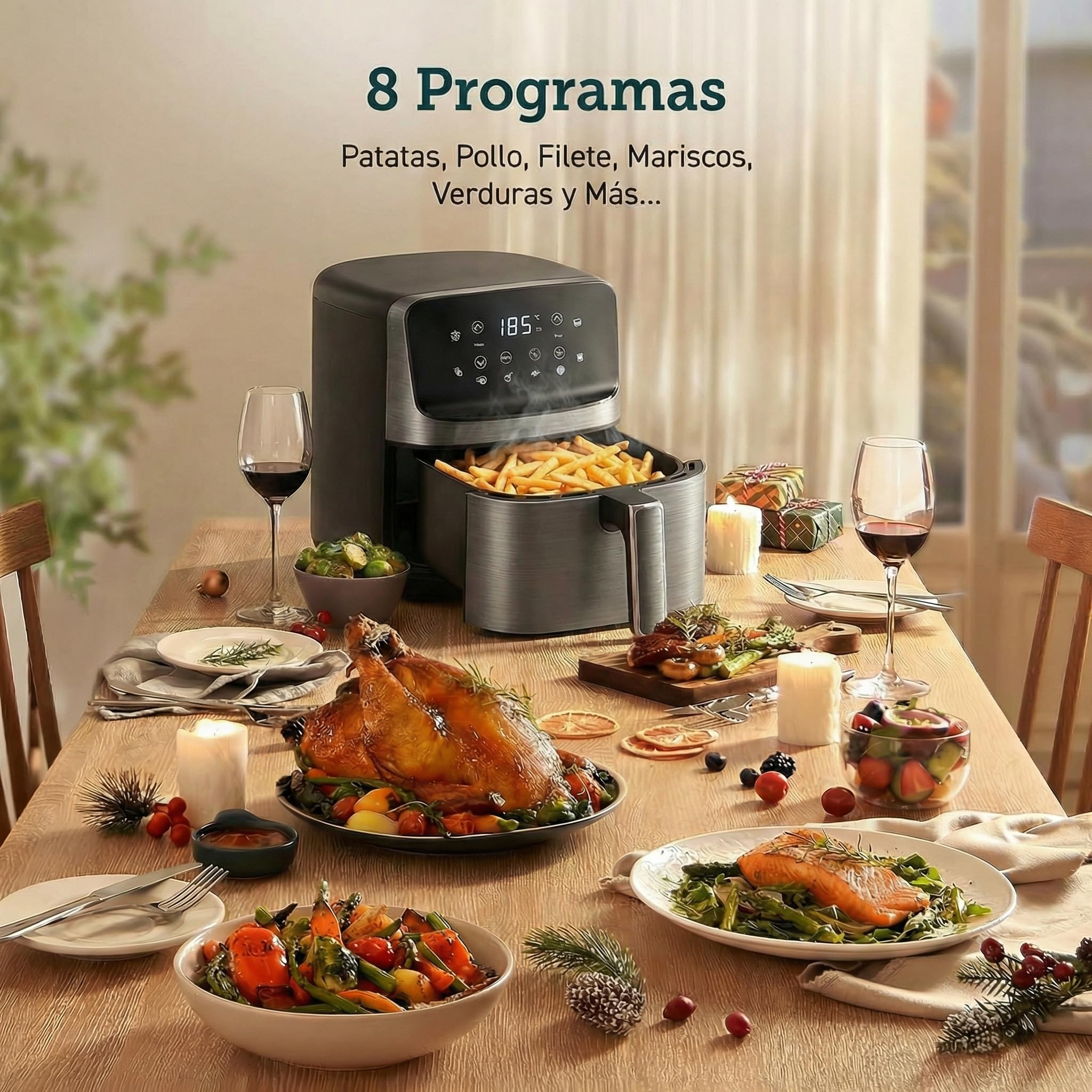 Freidora de Aire sin Aceite de 6 L, Air Fryer Caliente, 8 Programas, Pantalla Digital, Temperatura Ajustable 80-200°C, Temporizador 60 min, Fácil de Limpiar (6 L)