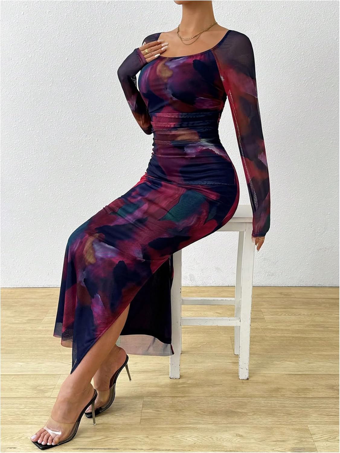 GORGLITTER Women's Tie Dye Mesh Off Shoulder Dresses Ruched Long Sleeve Bodycon Maxi Party Dress - Image 5