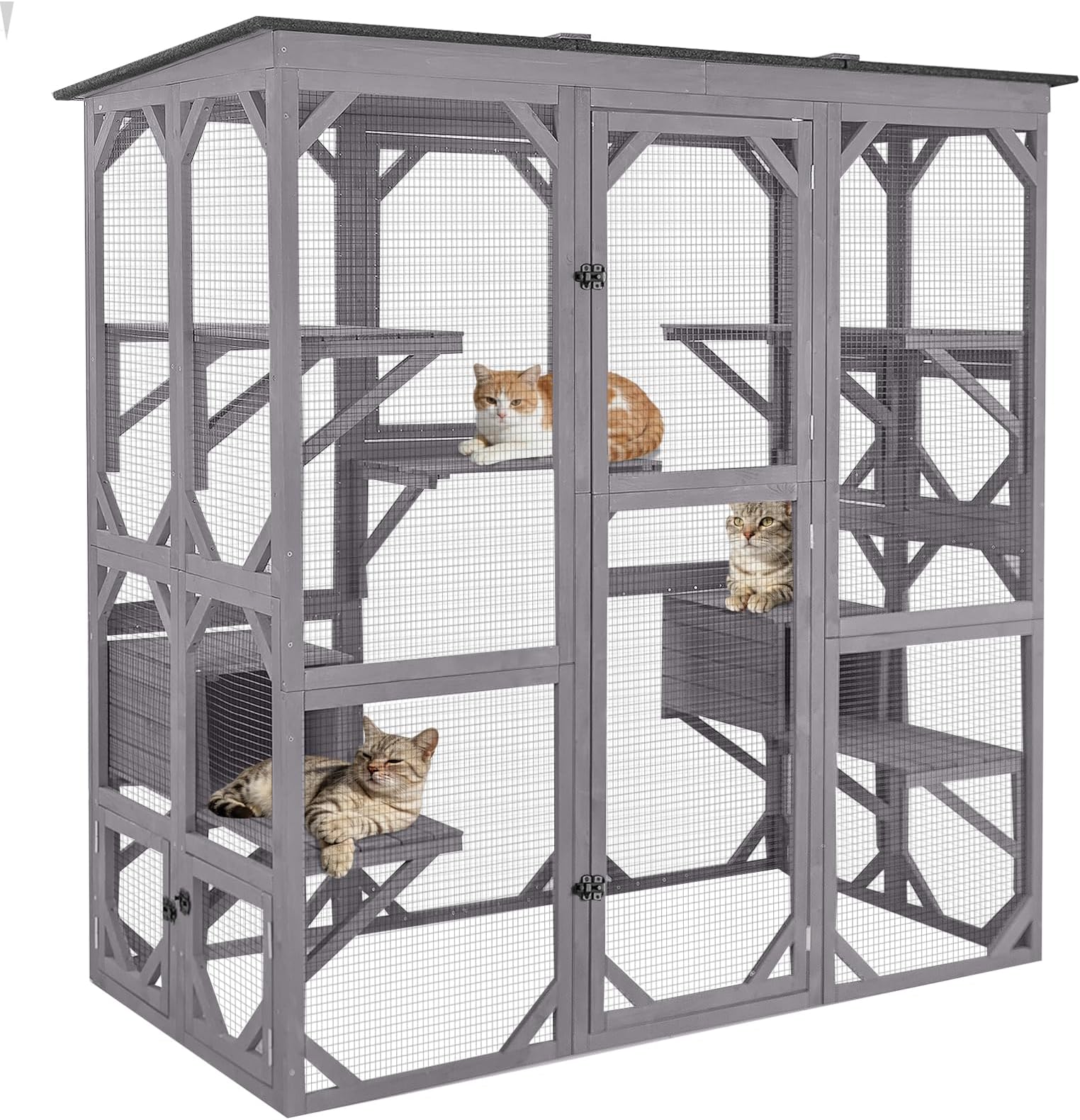 Catio Outdoor Cat Enclosure with 7 Platforms, 2 Resting Boxes, Large Window Cat House for 6-8 Mulitiple Cats Walk in Kitty Cage with Weatherproof Tarp Roof 71"