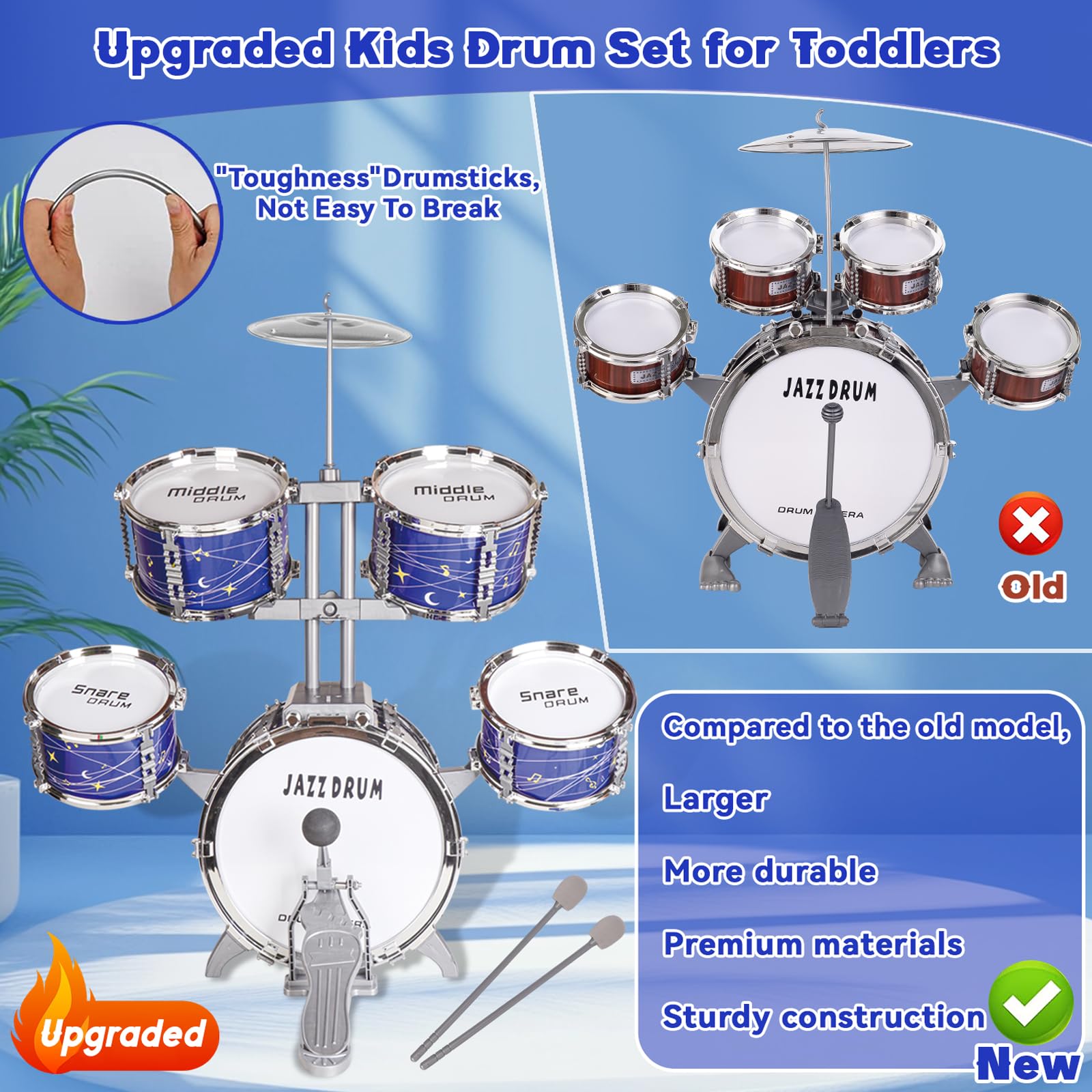 Kids Drum Set for Toddlers 3-5, Upgraded Jazz Drum Ages 1-3, Musical Instrument Toys & All Plastic, Percussion Beginner Kit Early Education Christmas Birthday Gift Toys for 3 4 5 6 Year Old Girls Boys - 5