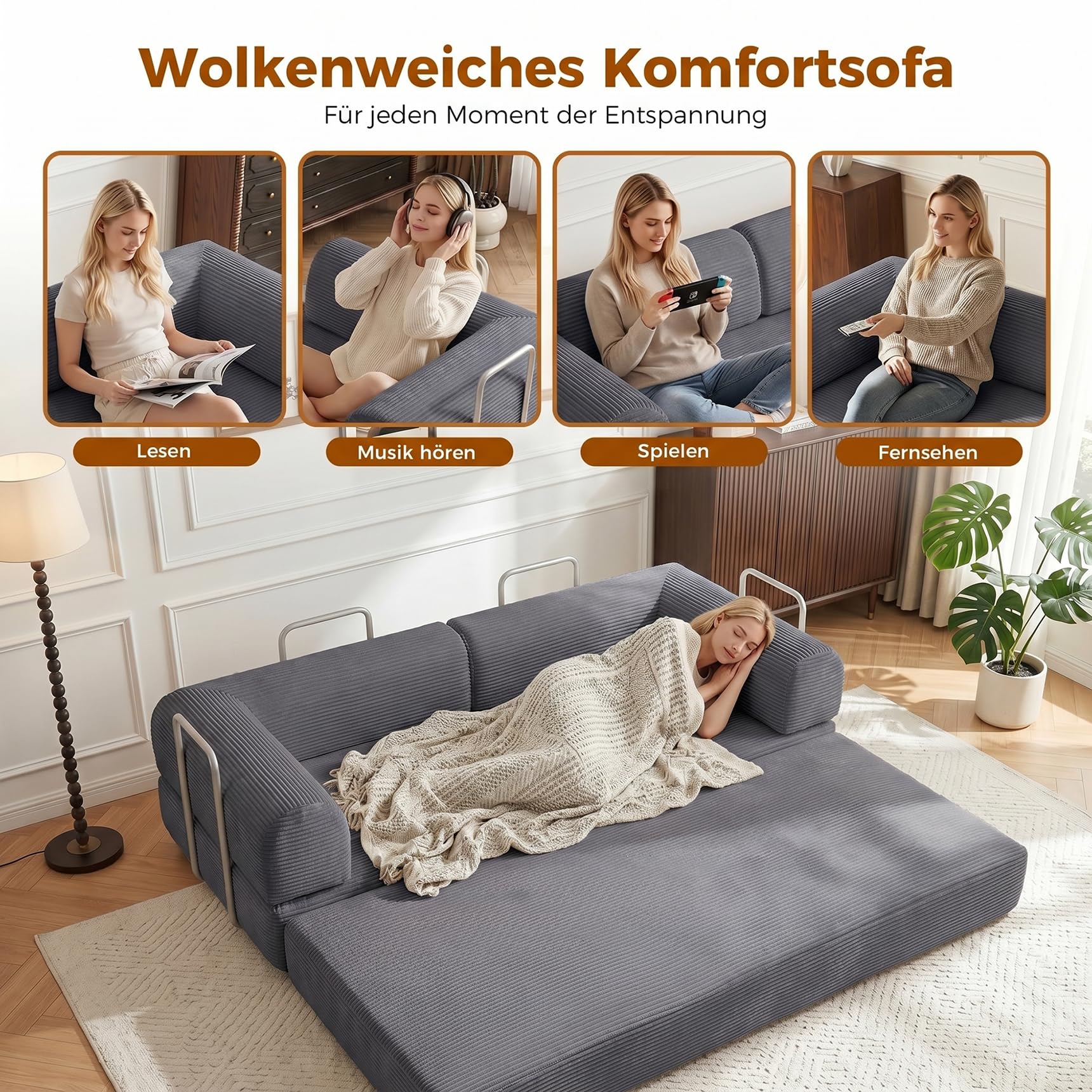 GRAVFORCE Schlafsofa – faltbares Bodensofa Bed mit Metallrahmen - Schlafsofa Klappbar 158cm breit - Compressed Sofa ohne Beine modulares Sofa Cord für Wohnzimmer Schlafzimmer Grau