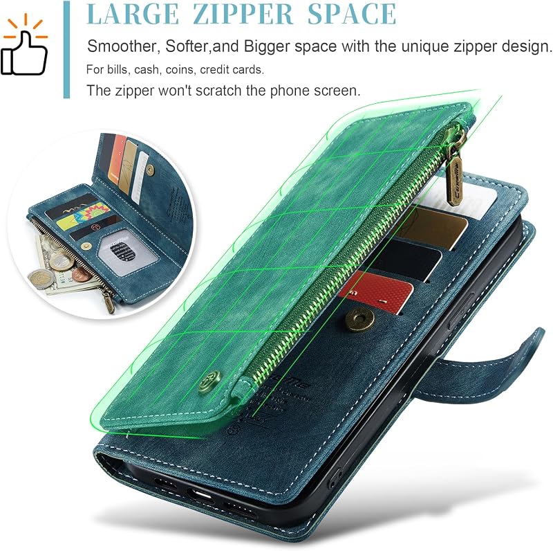 UEEBAI iPhone 16 Pro Tok Retro Cipzáras Bőr Flip Telefontok Mágneses Zárás Kártyatartó Állvány Pénztárca Kék