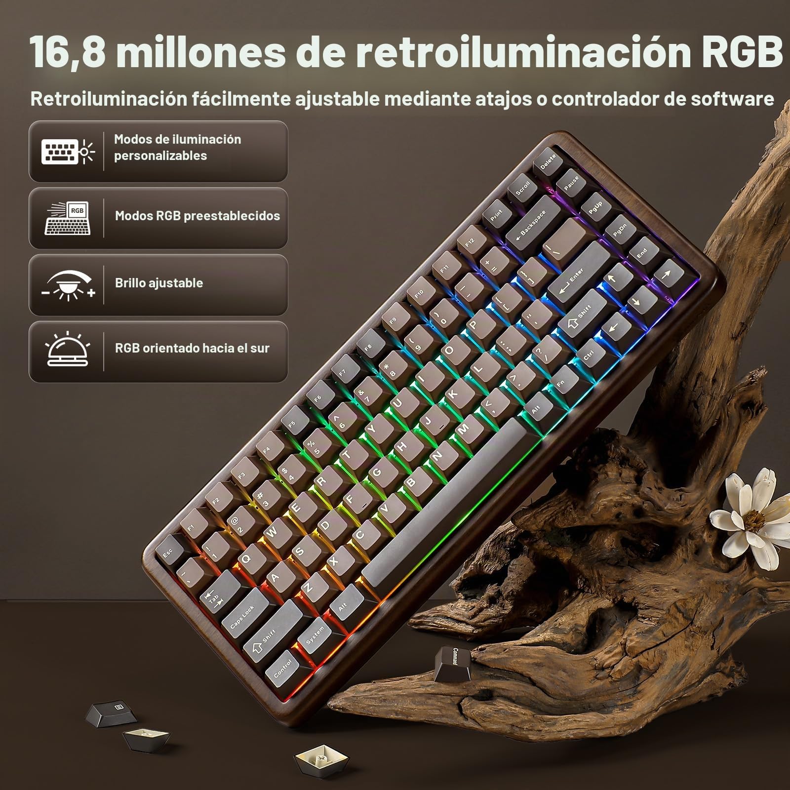 YUNZII WOOD84 Teclado Mecánico Gaming Inalámbrico 75% en Madera (Candy) | Bluetooth/2.4G/USB-C, Retroiluminación RGB, Montaje Tray, Hot-Swap con Teclas PBT Keyboard US ANSI para Mac/PC