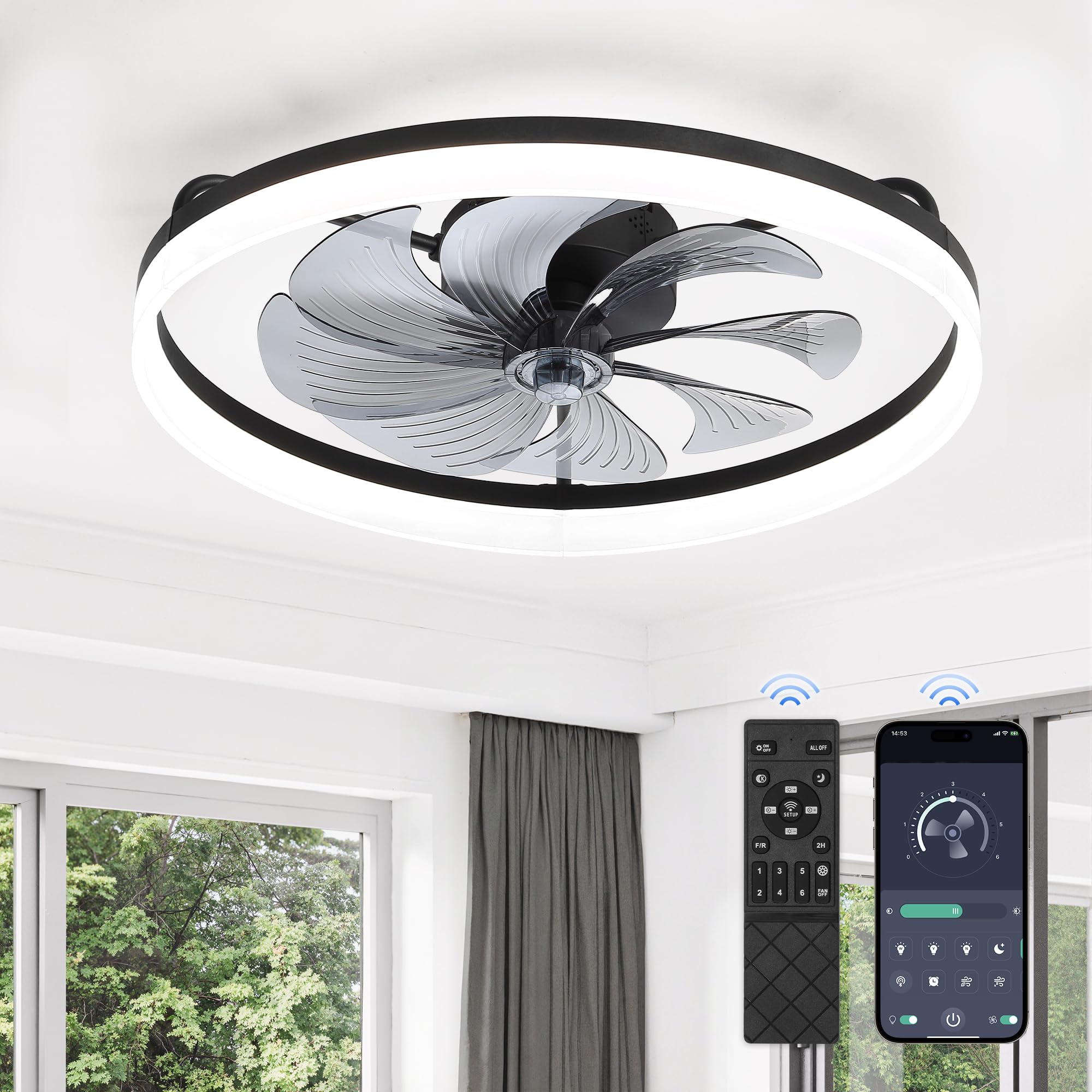 Photo 1 of LEDIARY Ceiling Fans with Lights, 23 inch Low Profile Flush Mount Ceiling Fan, Dimmable LED, APP & Remote Control, Quiet Reversible DC Motor, 6 Speeds, Fandelier for Bedroom, Black