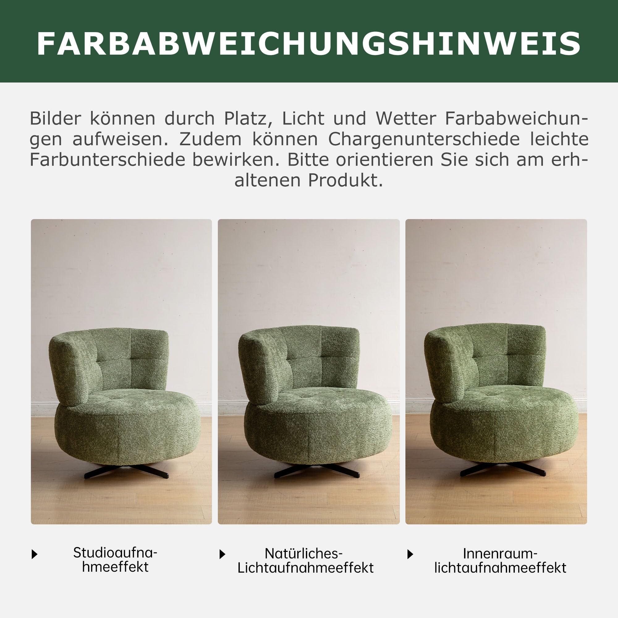YESWOOD Einzel-Sessel - 360° drehbar, leicht & platzsparend, ideal für Wohnzimmer & Schlafzimmer, 82T x 77B x 75H cm, Bouclé-Stoff, Weihnachtsgrün