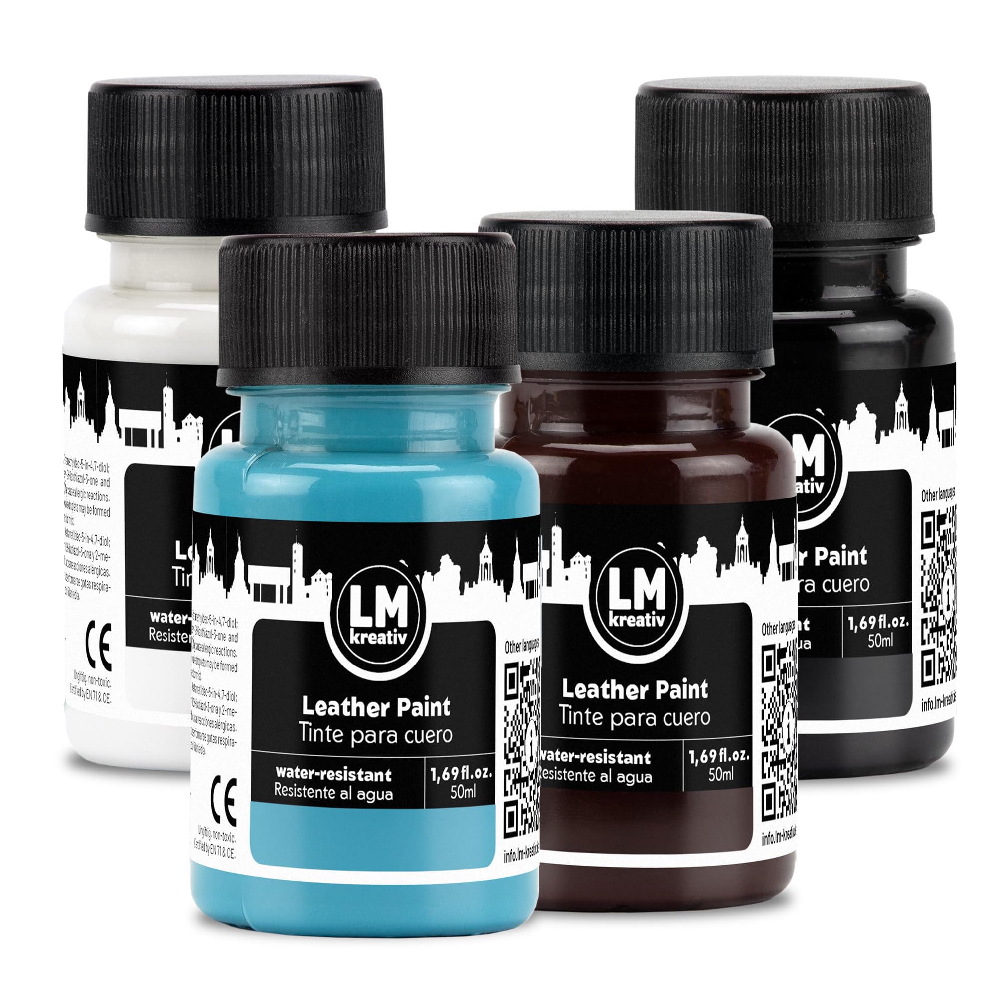 LM-Kreativ Colore della Pelle 4 x 50 ml - Nero, Bianco, Marrone, Azzurro per Scarpe e Borse