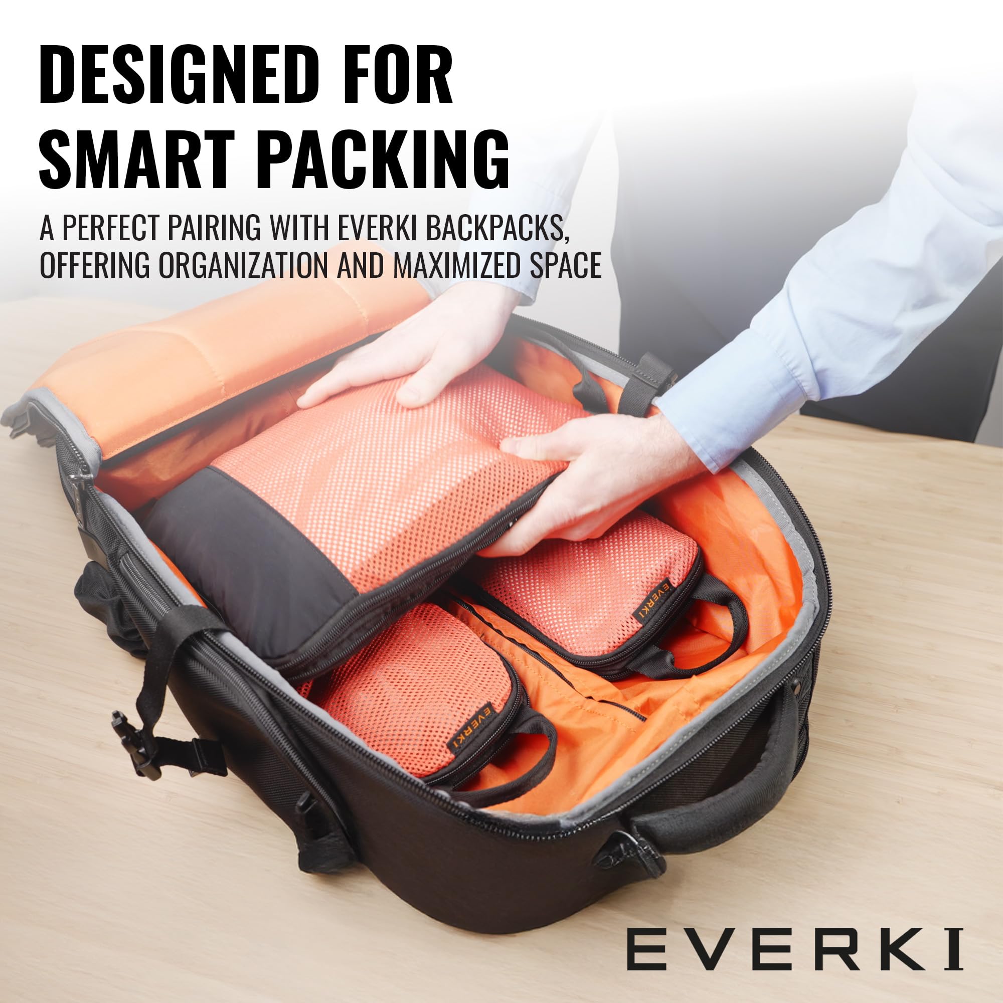 Everki Business 120 Laptop Rucksack mit Regenschutz & 3-teiligen Kompressions-Packwürfeln – 40L Kapazität, 180° Klapp-Design, gepolstertes Fach, leichter Reiseorganizer
