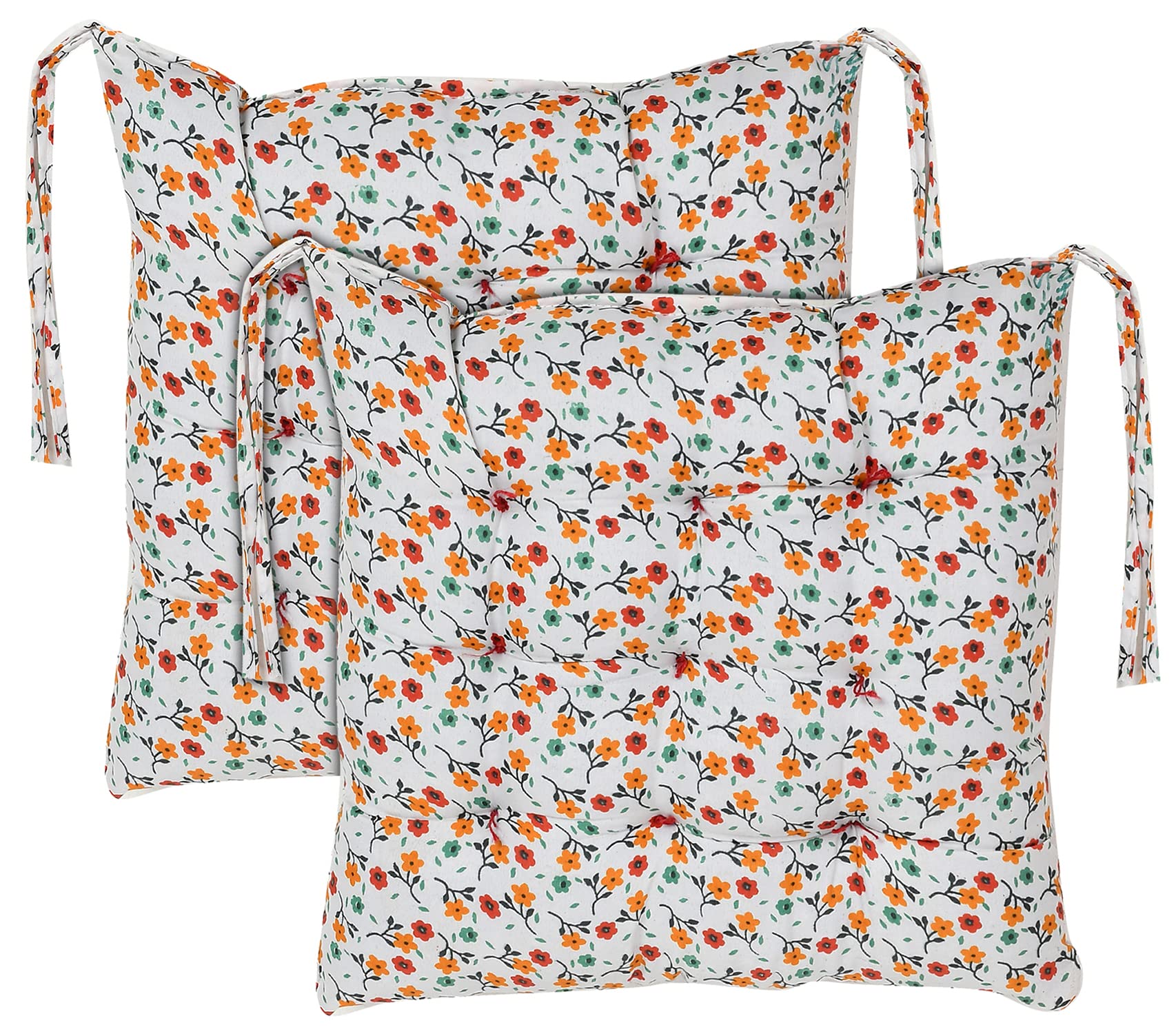 Kuber Industries Flower Printed Microfiber Square Chair Pad Seat Cushion for Rocking Chair Office Chair Dinning Chair Indoor/Outdoor with Ties Pack of 2 (White)