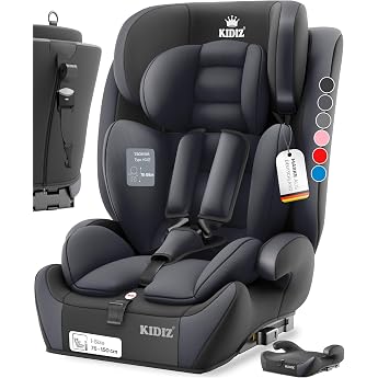 KIDIZ Car Seat with Isofix i-Size R129 100-150 cm up to 12 Years Group 1/2/3 Grows with Your Child Seat 5-Point Harness & Height-Adjustable Headrest Booster Seat Car Anthracite