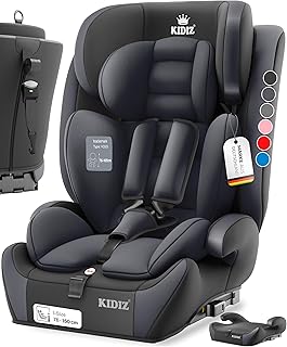 KIDIZ® Autokindersitz mit Isofix i-Size R129 100-150cm bis 12 Jahre, Kinderautositz Gruppe 1/2/3, mitwachsender Kindersitz, 5-Punkt-Gurt & höhenverstellbare Kopfstütze, Sitzerhöhung Auto, Anthrazit