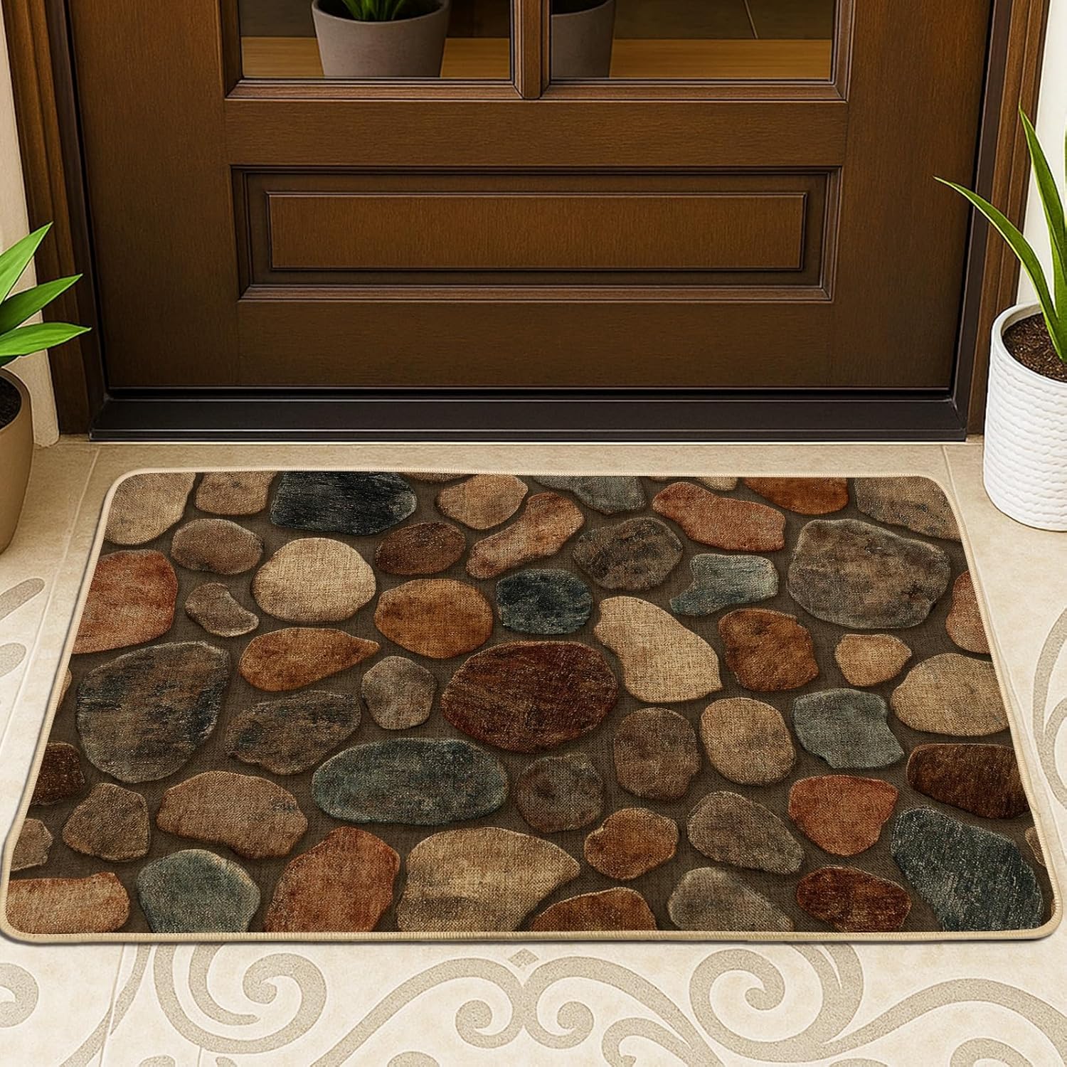 Natural Stone Doormat, Multi-Colored Rock Entrance Mat for Indoor & Outdoor Use, Rustic Home Decor, Rubber Non-Slip Dust Absorbent Floor Mats, Easy to Clean 29x17 Inch