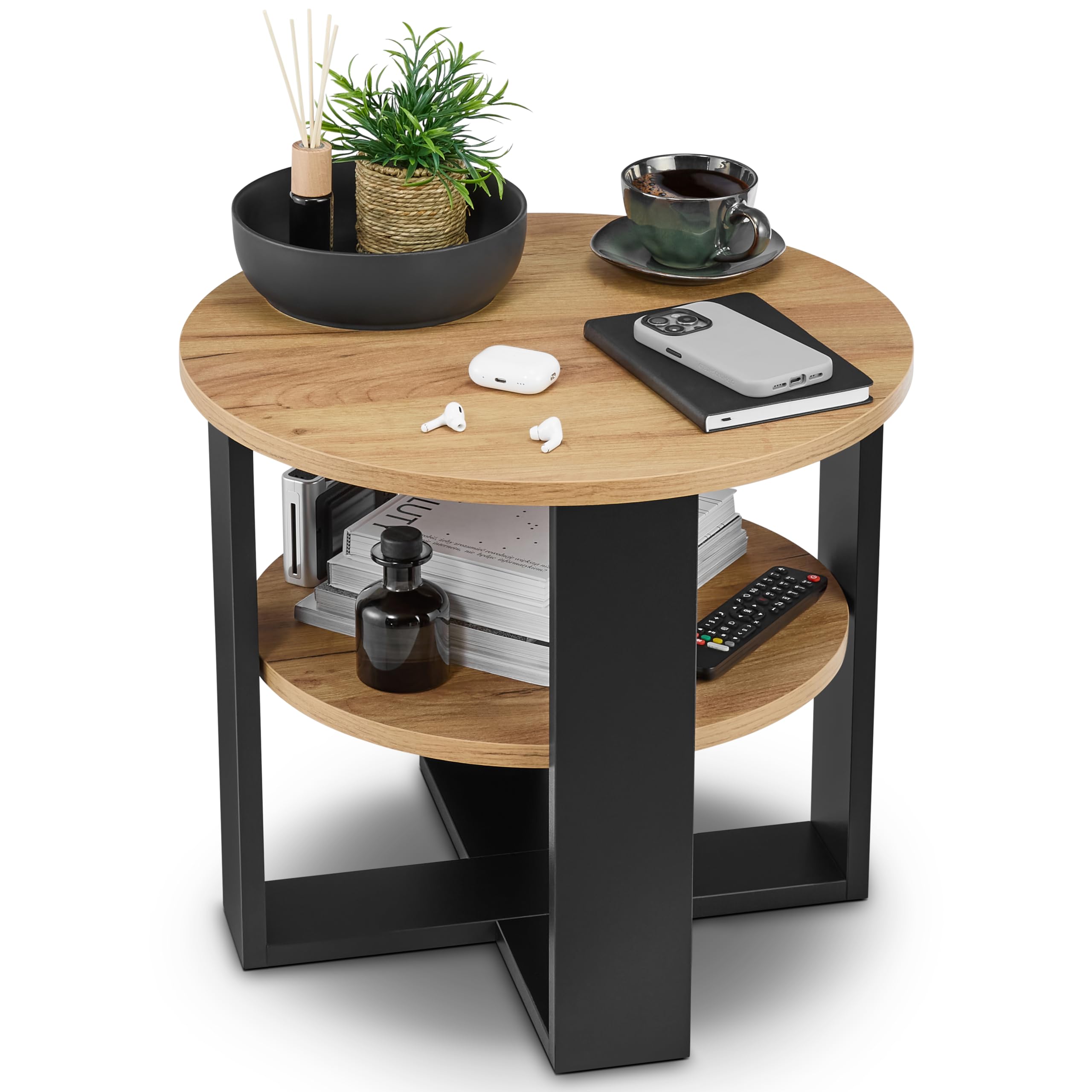 defiPad Couchtisch rund Eiche Ø53 cm - Kleiner Beistelltisch mit Ablage - 2 Ebenen, runder moderner Kaffeetisch im Industrial Design - Hergestellt in der EU