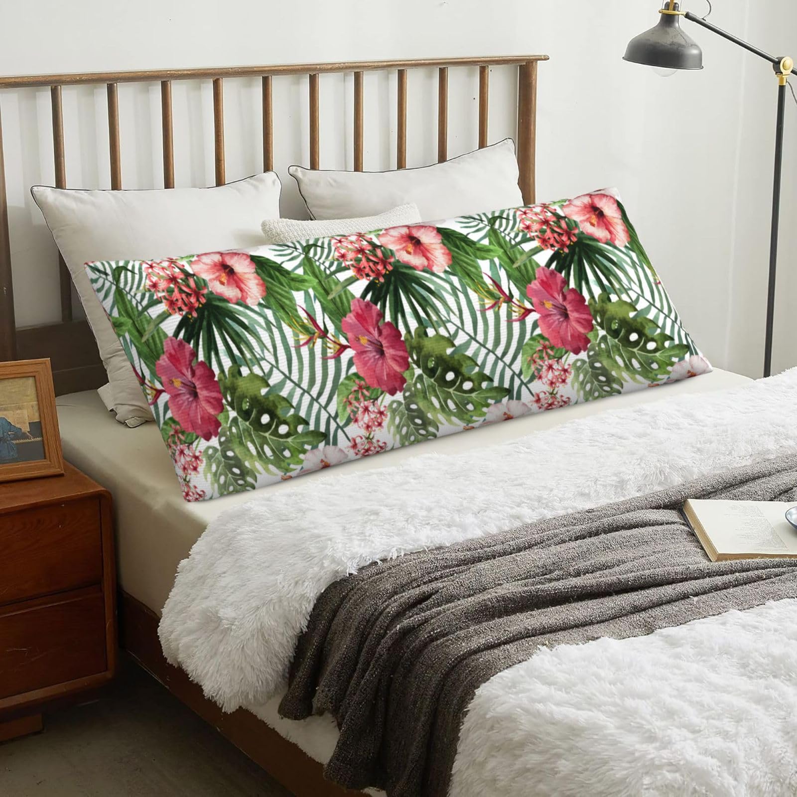 Hibiscus Flower Print, Body Pillow Cover with Zipper,Long Body Pillowcase 20 x 60 in