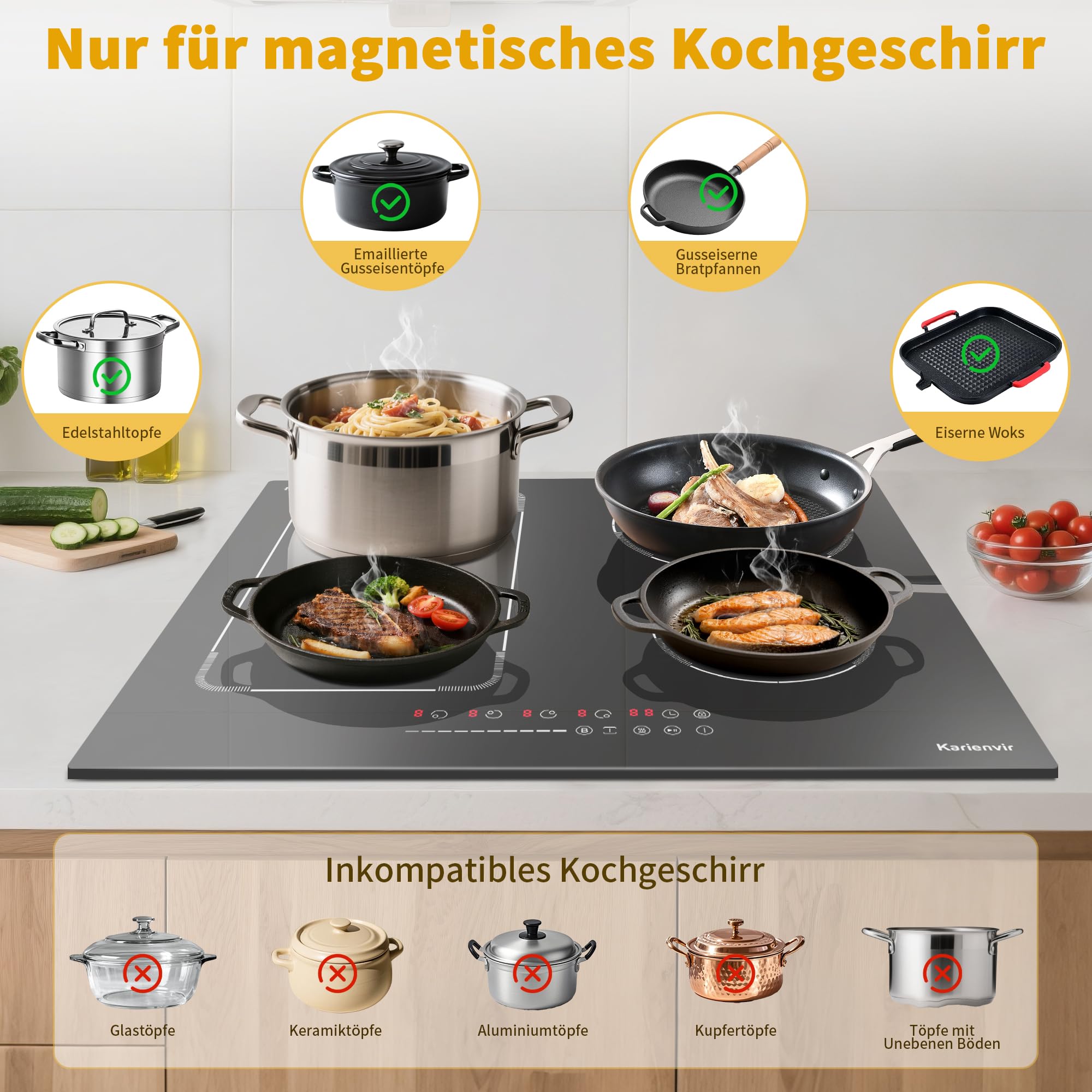 Induktionskochfeld 60 cm mit Stecker, 4 Platten Flexzonen, Boost-Funktion, 9 Leistungsstufen, Timer