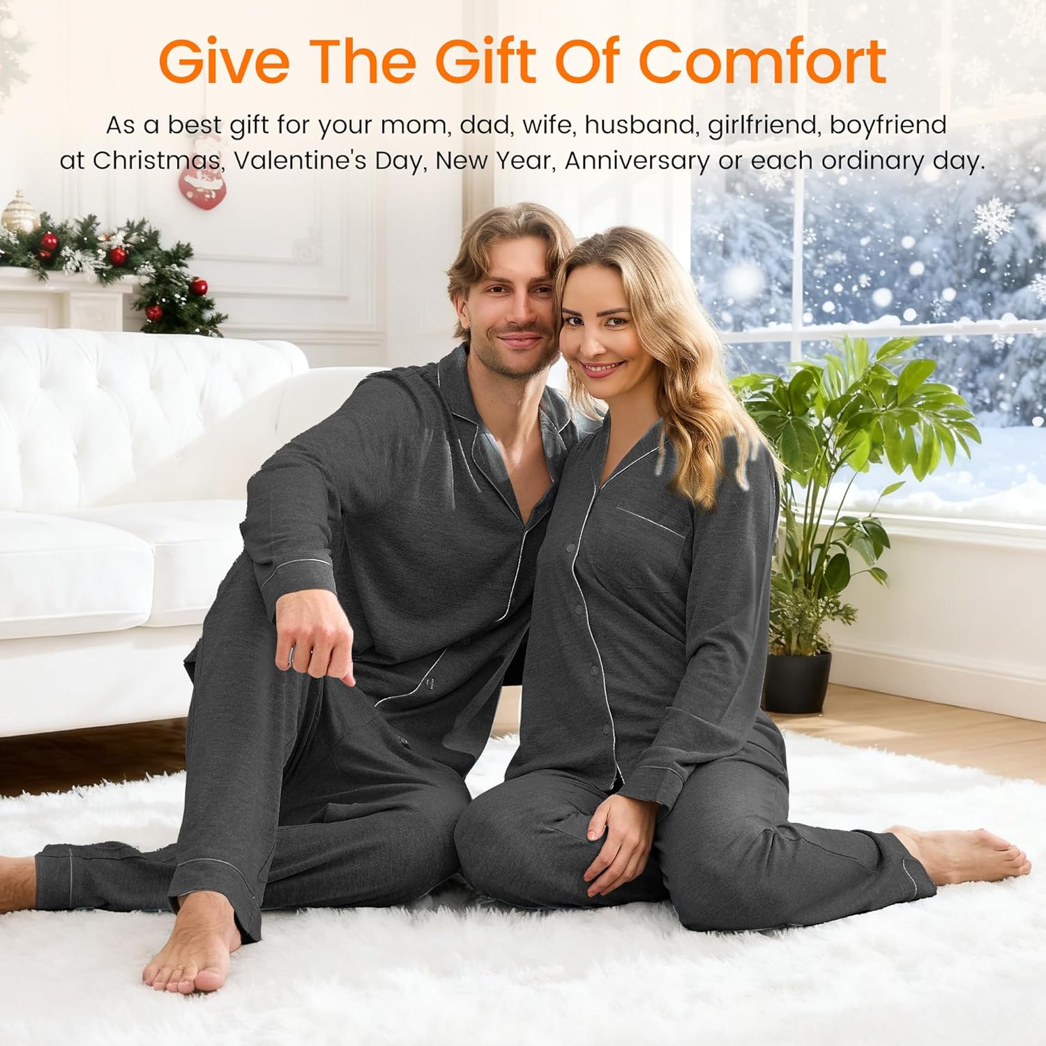 Matching Pajamas for Couples, Button Down Loungewear Soft Warm Long Sleeve Sleepwear His and Hers Pajamas Sets - Image 5