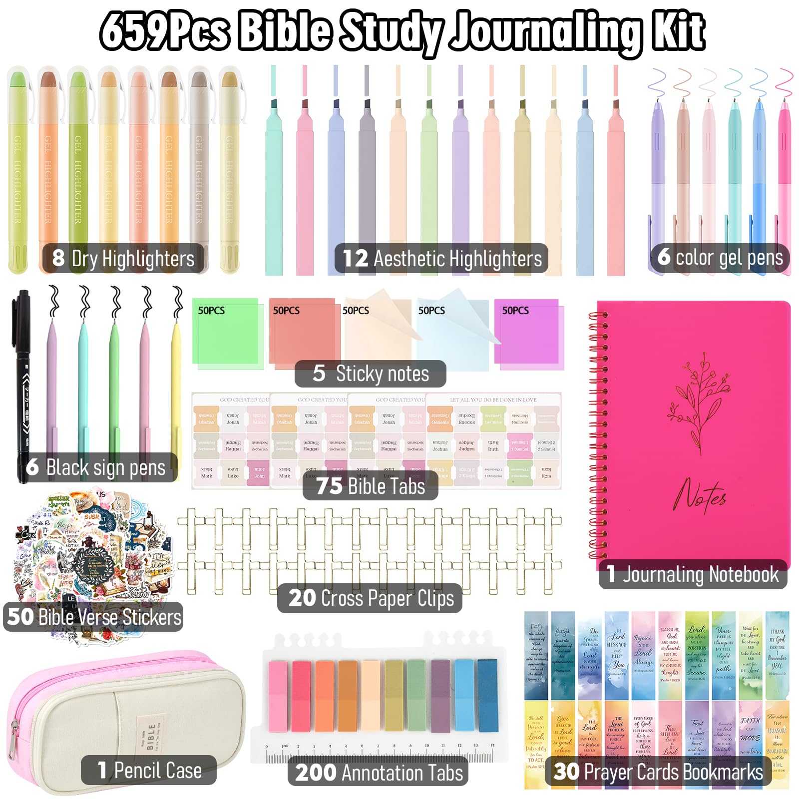 Kooterfun Bibelstudium-Tagebuch-Set, mit Bibel-Textmarkern und Stiften, kein Verlaufen, Notizbuch-Tabs und Stiftetui, Bibeljournaling-Set, Bibelstudium-Werkzeuge, Tagebuch-Set für Frauen,