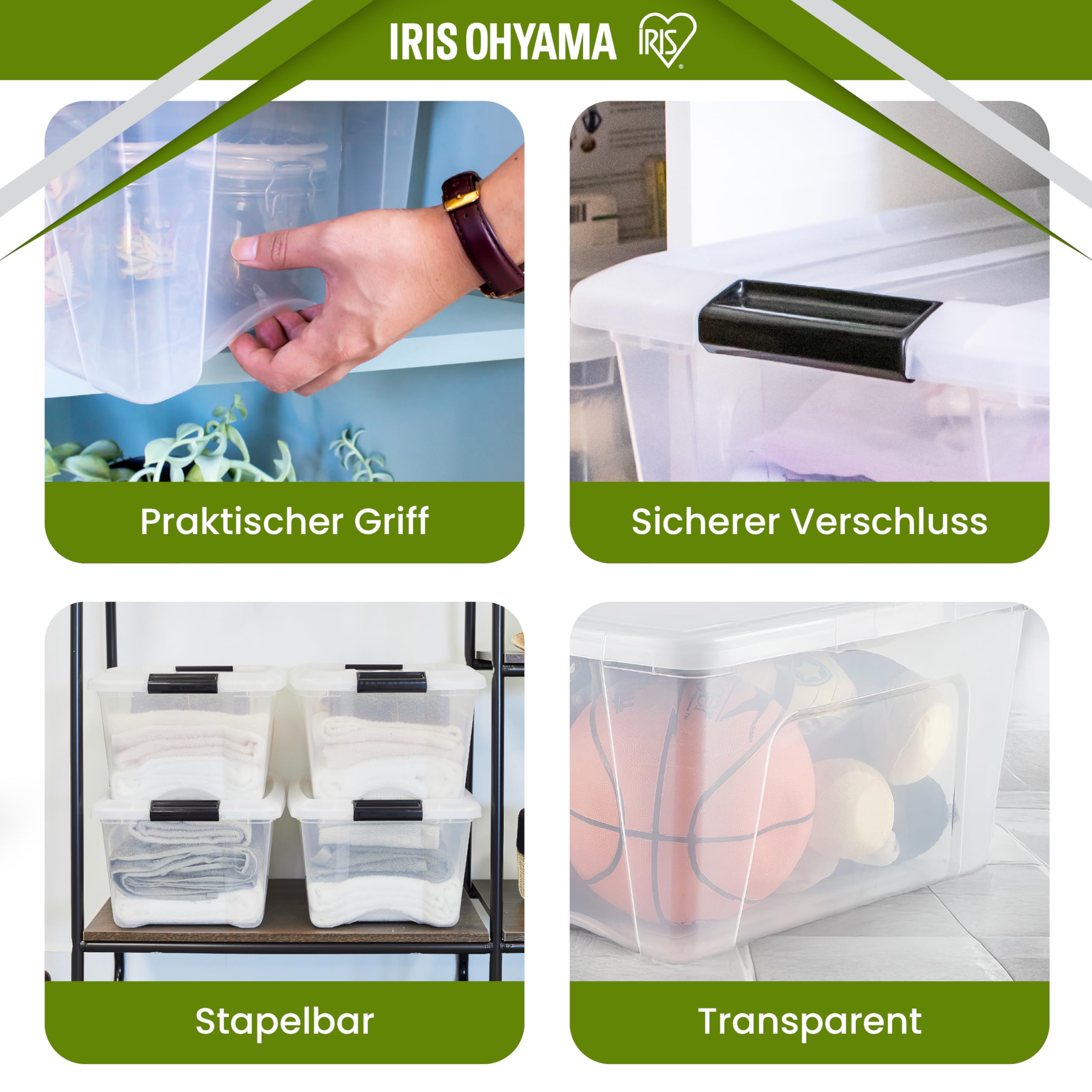 Iris Ohyama, Kunststoff-Aufbewahrungsbox mit Deckel, 45L, 3er-Set, Transparent, 98% recycelter Kunststoff, Verschlussclips, Griff, Stapelbar, Fürs Schlafzimmer, Ankleidezimmer, Büro, BPA-frei, BSB-45