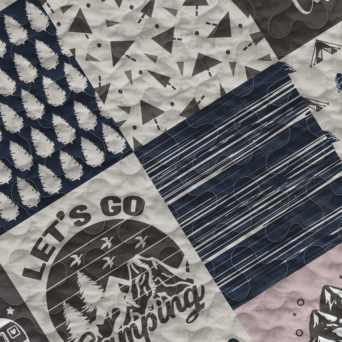 Lets Go Camping Blue Pattern Quilt Bed Set and Pillow Cover, King Queen Double Twin Throw Full Size Bedspread Bed Sets for Girl Women Camping Lovers