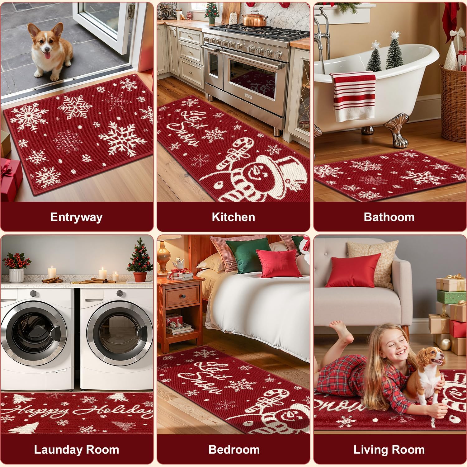 Findosom Christmas Kitchen Rugs Sets of 3, Snowflake & Snowman Kitchen Runner Rugs Non Skid Washable with Rubber Backing, Christmas Kitchen Mats for Floor, Hallway, Happy Holiday Decor