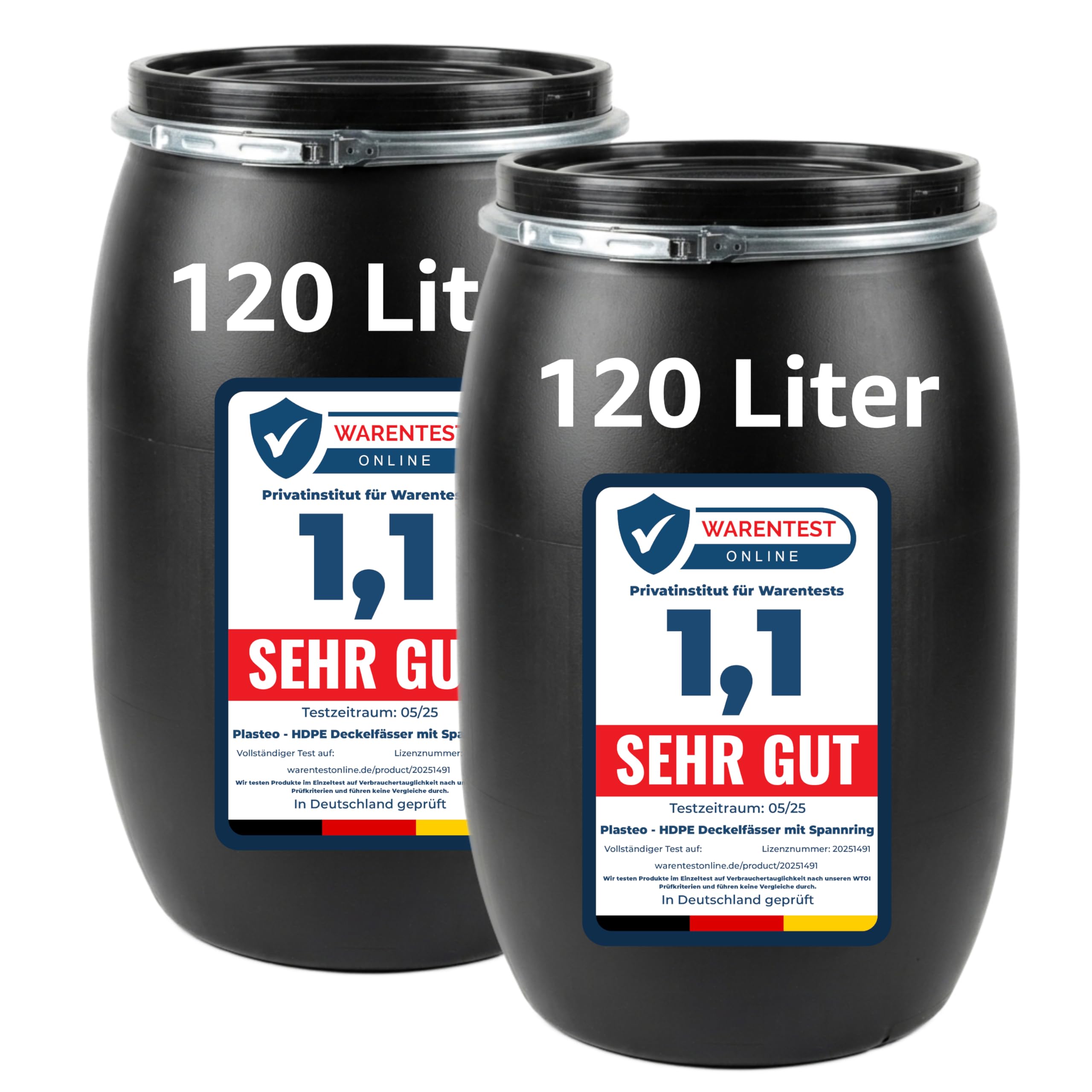 2X 120 Liter Weithalsfass Schwarz mit Deckel, Spannring und Dichtung, UN-Zulassung, HDPE Kunststofffass, Deckelfass, Lagerfass, Regentonne, Universalfass für Garten, Garage und Lager