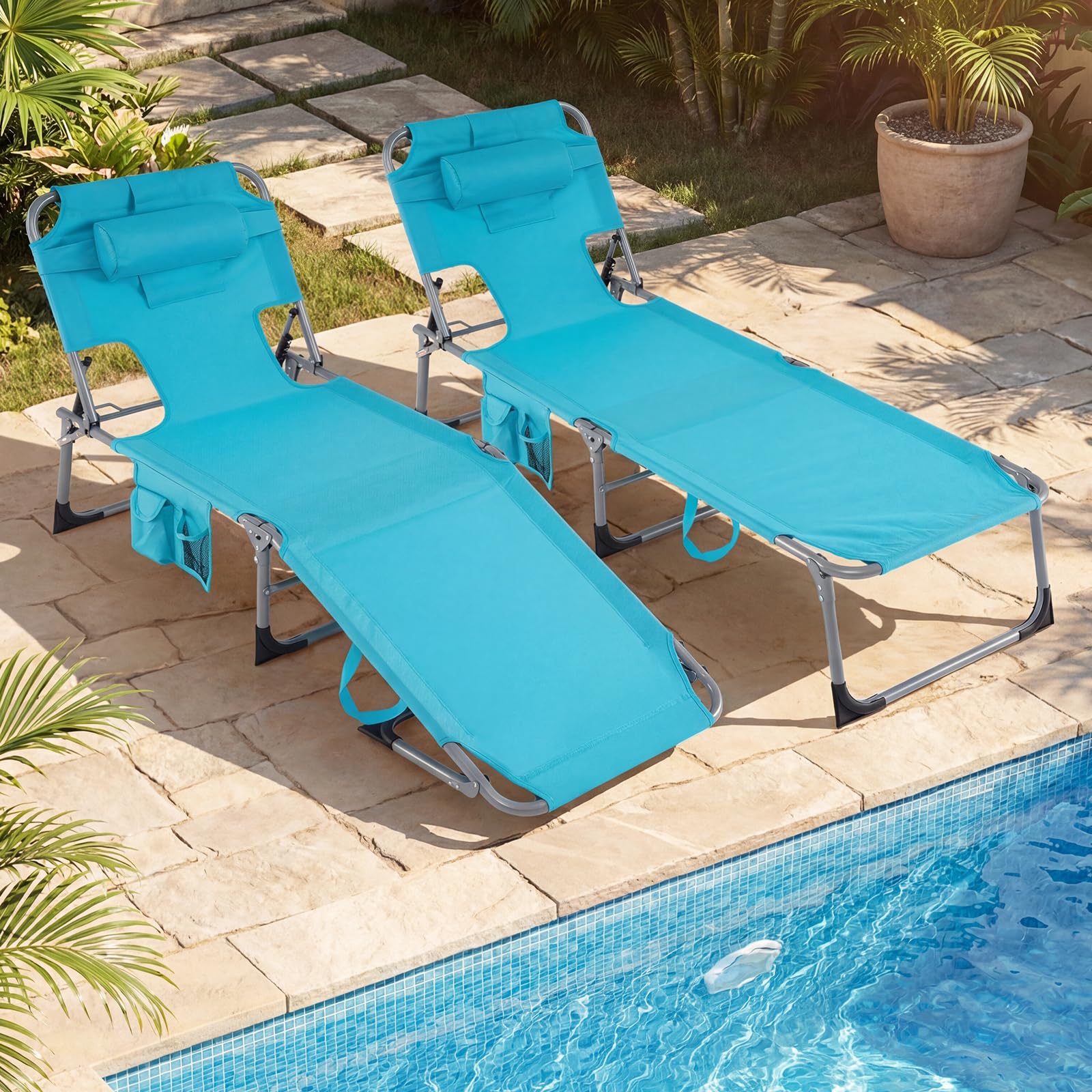 COSTWAY Bain de Soleil Réglable à 4 Positions, Chaise Longue Pliante, Trous pour Visage&Bras, Poche Latérale, Appuie-Tête Amovible, Transat pour Jardin Piscine Terrasse, Charge 150 kg (Turquoise)