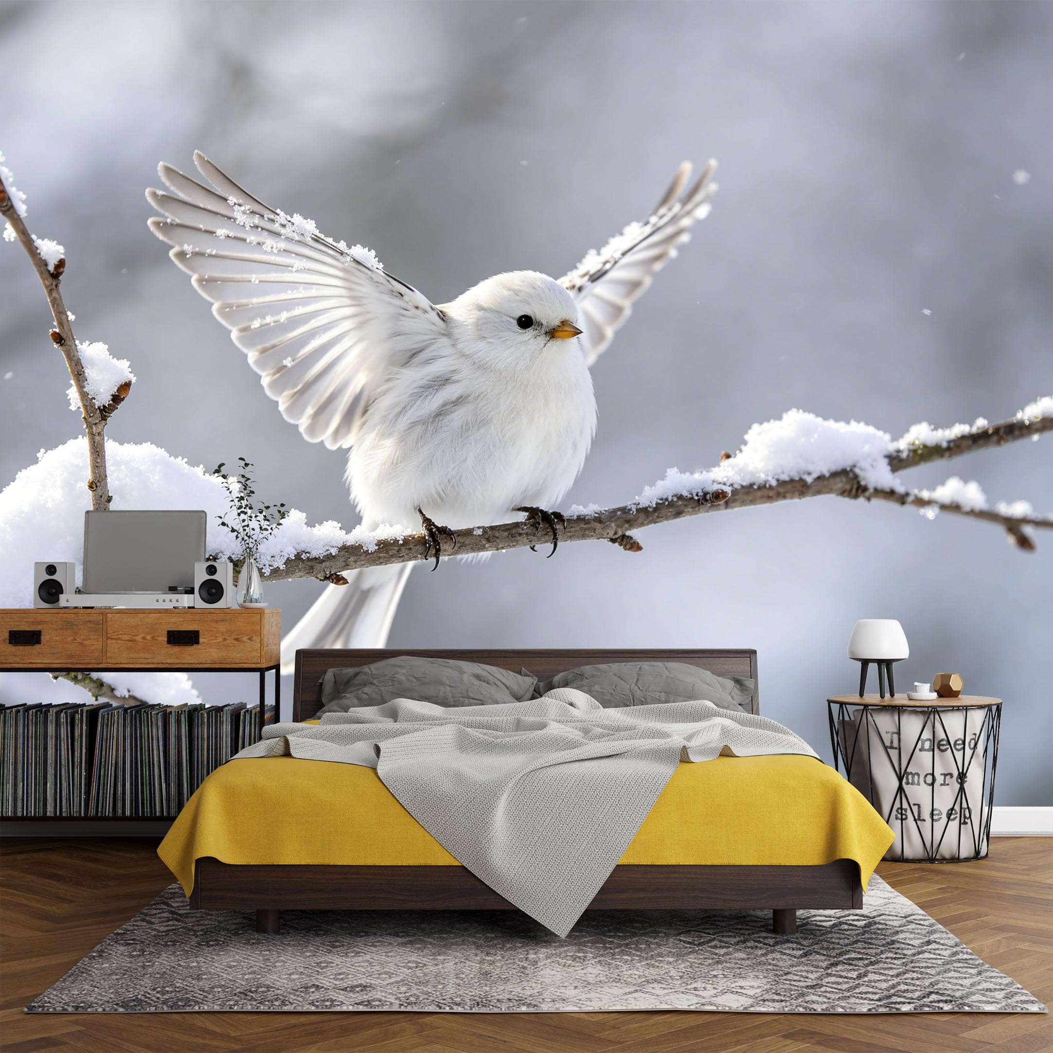 Custom Size Wall Mural White Winter Bird Snowy Branch Nature Landscape，SelfAdhesive Art Prints wall Fabric（No PVC） Removable Wallpaper Living Room Decor