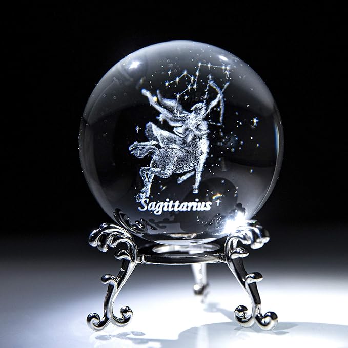 3D Laser Constellation Crytsal Ball Crystal Paperweight Full Sphere Glass Fengshui with Sliver-Plated Flowering Stand(Sagittarius)