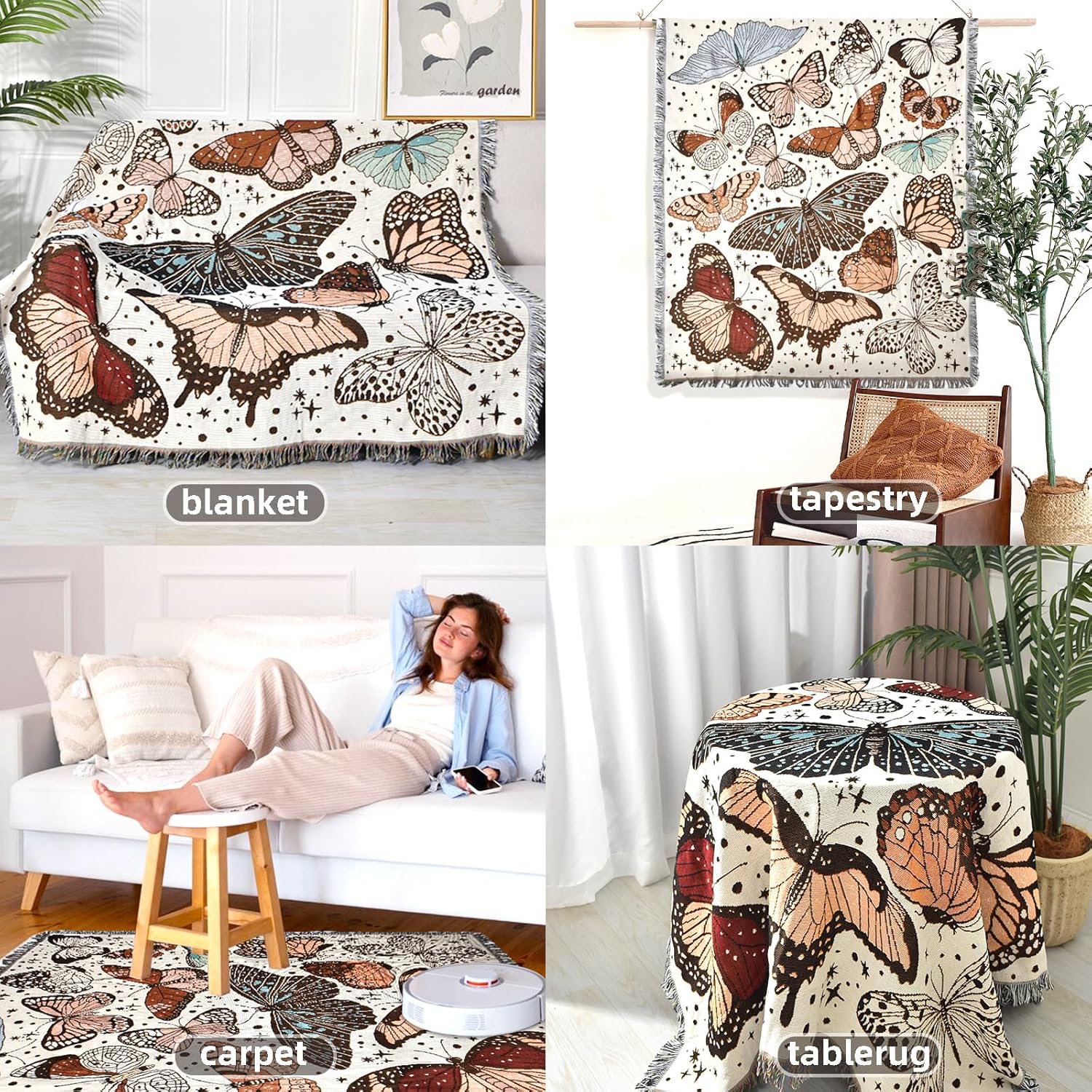 Boho Throw Blanket Reversible Cotton Bohemian Tapestry Hippie Room Decor Double Sided (Month Moth Print 50"x60") - Image 6