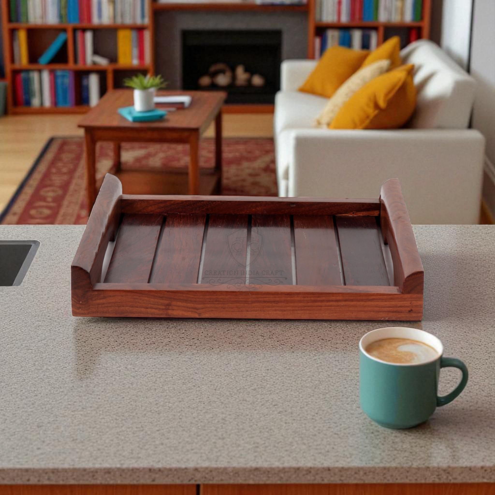 Sheesham Vassoio da portata in legno per tavolo da pranzo rettangolare vassoio per colazione caffè manico rotondo vassoio da portata decorazione da tavolo, regali, confezione da 1