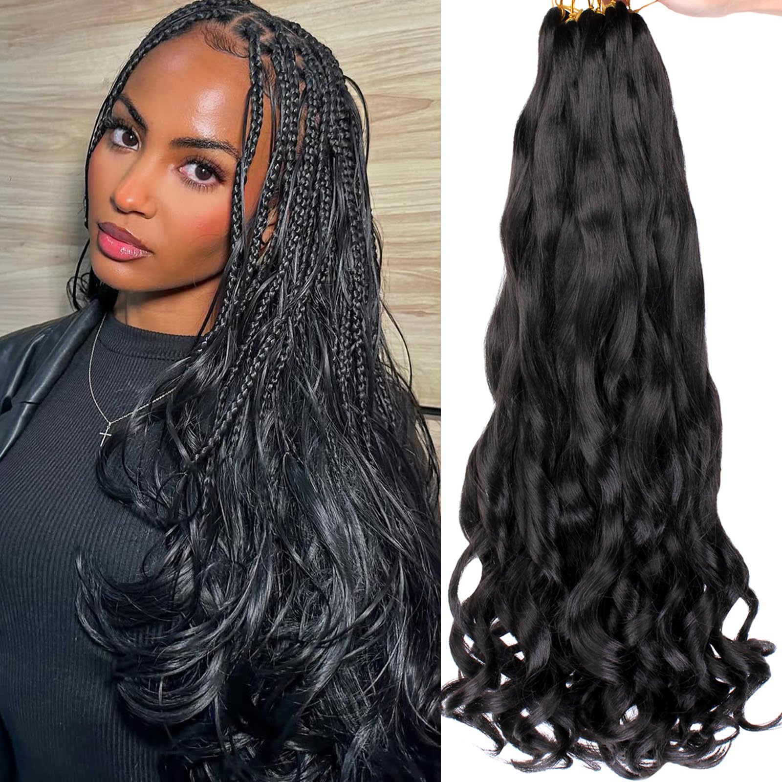 COOKOO 8 Packs 22 Inch French Curl Braiding Hair 75g/Pack Natural Black Loose Wave Bouncy Braids with Curly Ends Pre Stretched French Curly Braids for