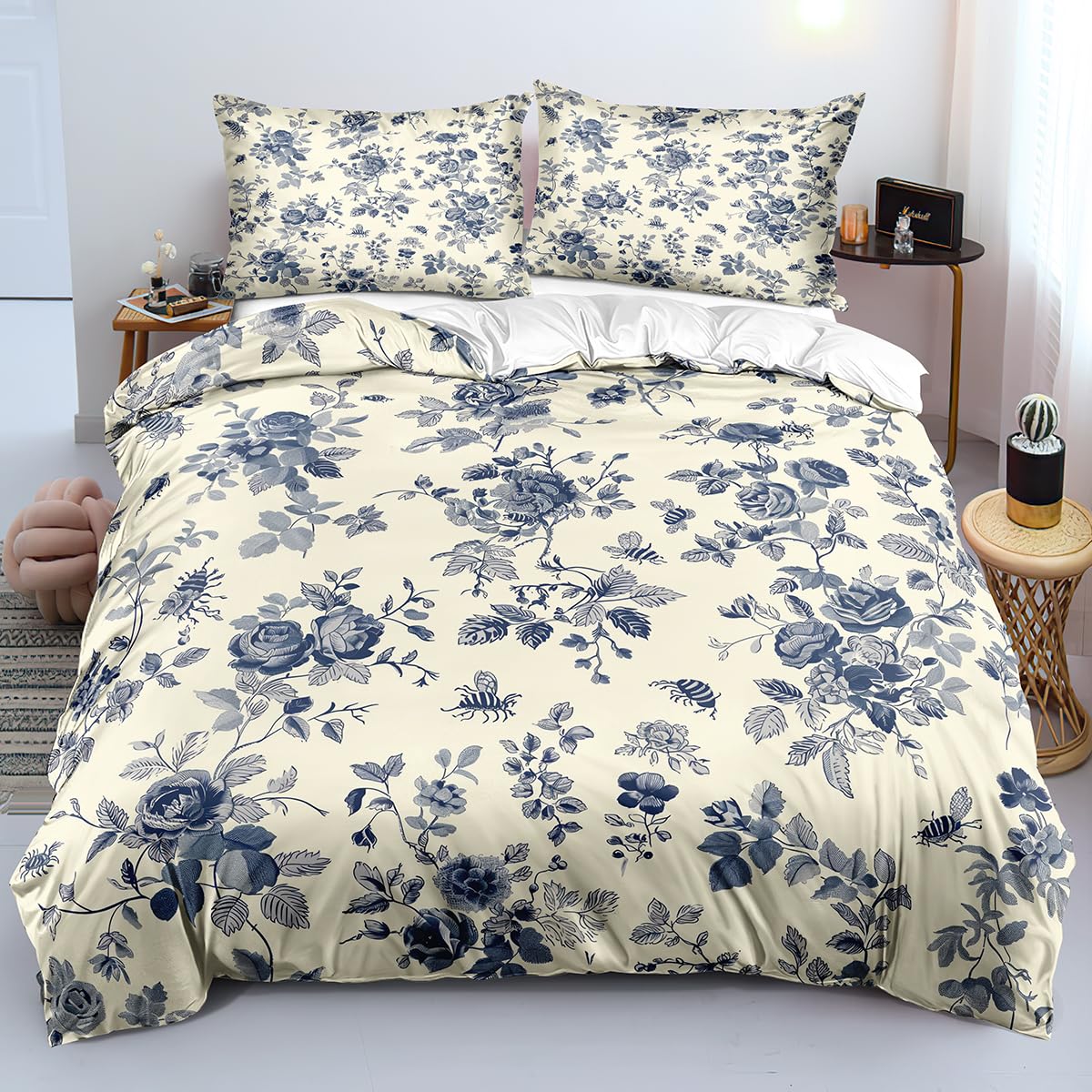 Parure de lit botanique grise et bleue 140x200 en coton pour fille et femme