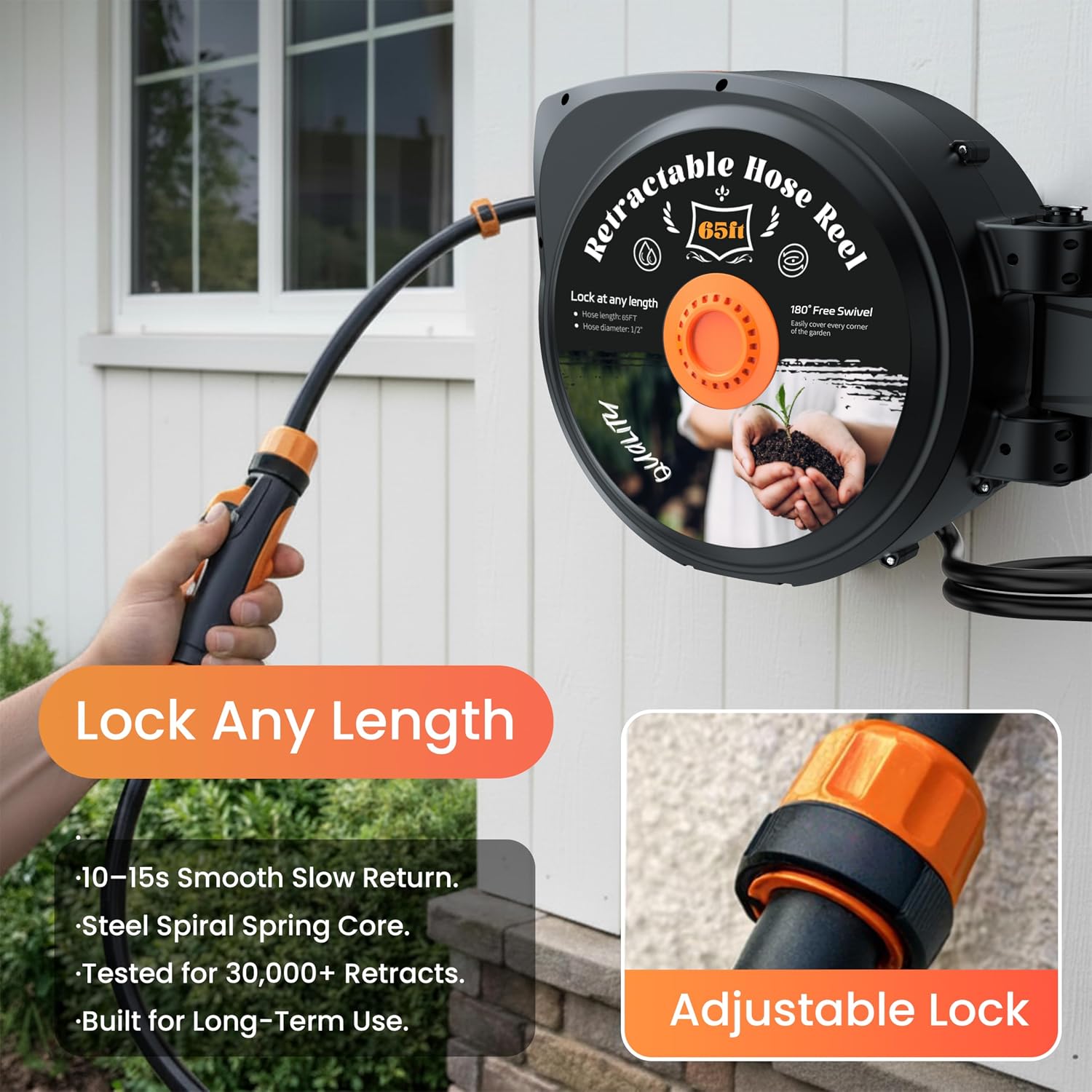 retractable garden hose reel, 1/2 in x 65 ft wall mounted hose reel heavy duty with 10-function sprayer nozzle, any length lock, slow return system, 180°swivel bracke for large yard lawn car washing 65ft