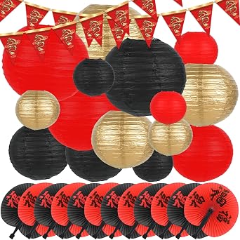 party greeting 28 Pcs Hibachi Party Decorations Asian Chinese Japanese Party Supplies Includes 15 Pcs Chinese Paper Lanterns 12 Pcs Japanese Folding Fans 32.8 Ft Chinese New Year Dragon Pennant Banner