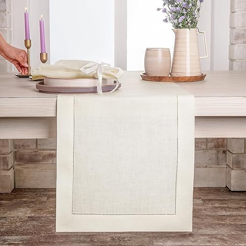 Miniatura 10 de D'Moksha Homes - Camino de mesa - 14 x 84pulgadas - Marfil - Camino de mesa otoñal de lino 100% puro con vainica, lavable a máquina - Para
