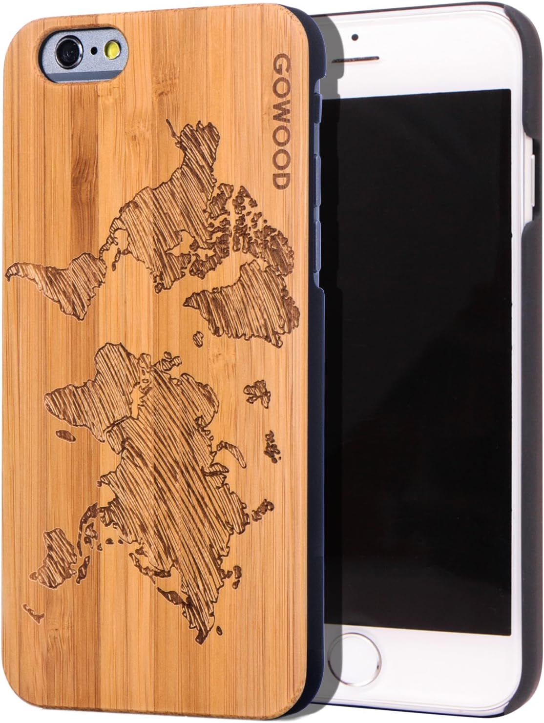 GOWOOD Wood Case for iPhone 6 / 6S | Real Natural Bamboo Wooden Backplate with Unique World Map Design and Shock Absorbing Polycarbonate Protective Bumper