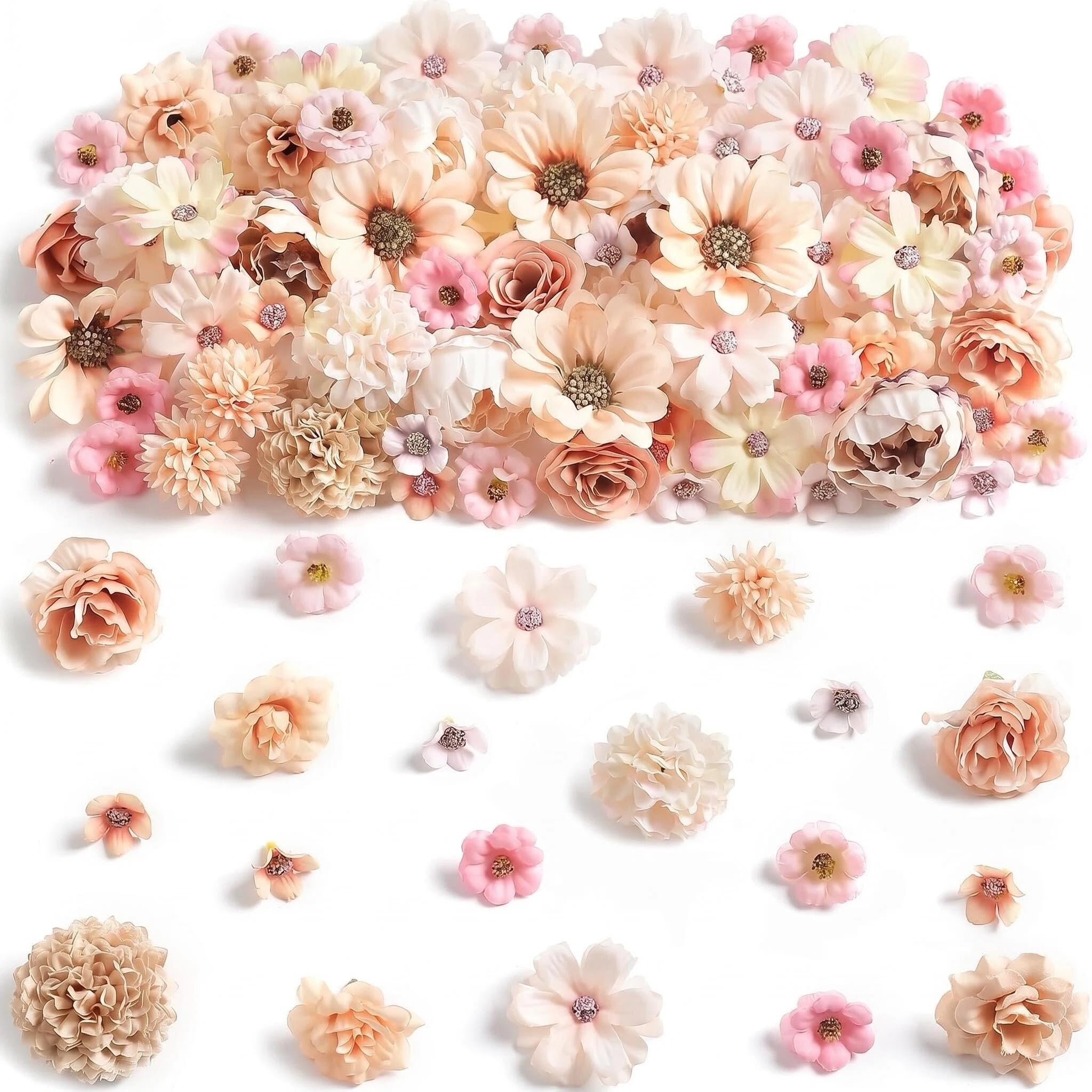 LEBKFT 50PCS Artificial Flowers for Decoration, Decorative Flower Heads Bulk, Fake Flowers Mix for Cake Decorations DIY Crafts Gift Wrapping Wedding Party Hair Accessories and Home Decor (Champagne)